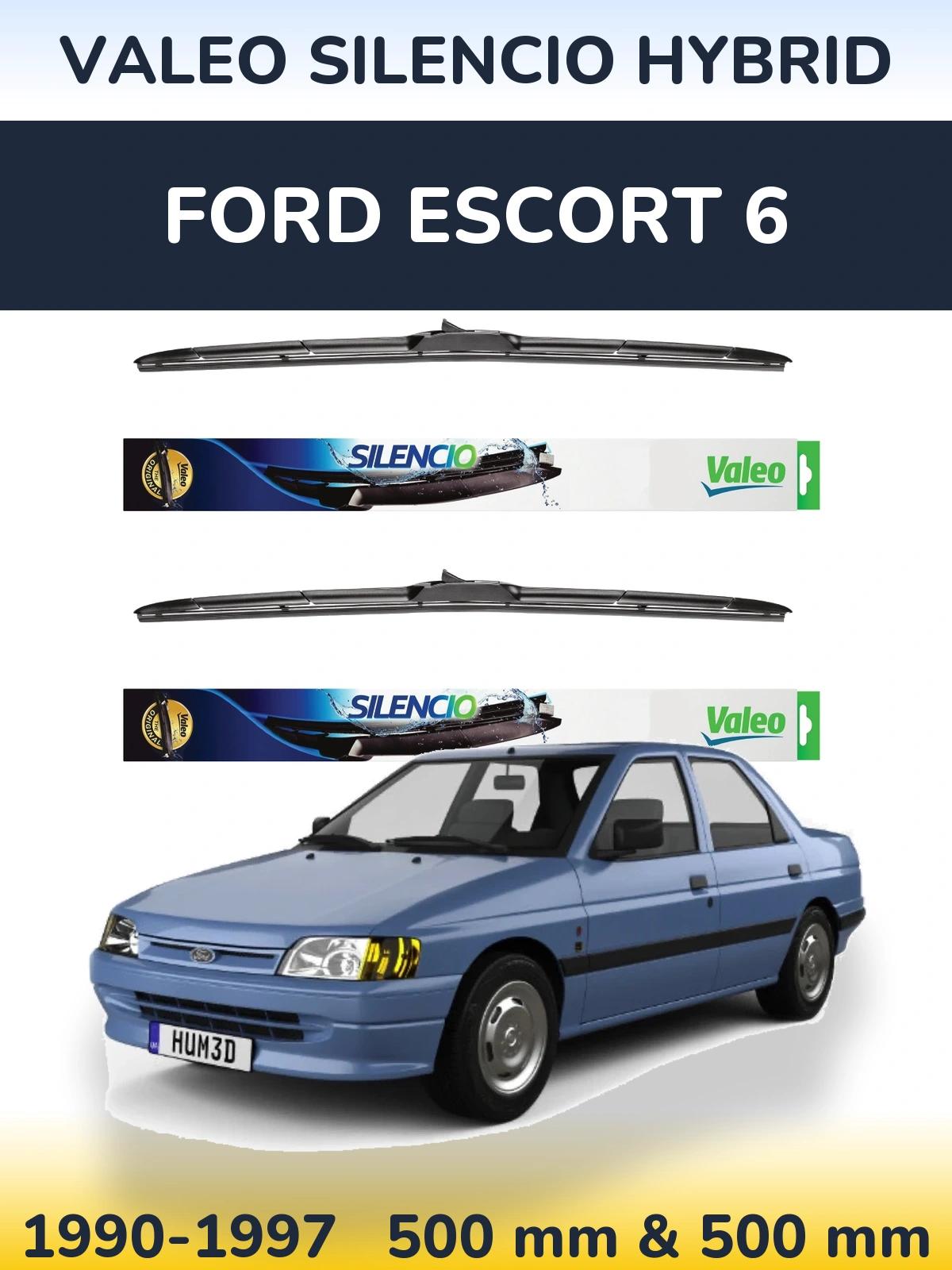 Front wiper blade set Valeo Silencio Hybrid 500 & 500 mm for Ford Escort 6 1990-1997