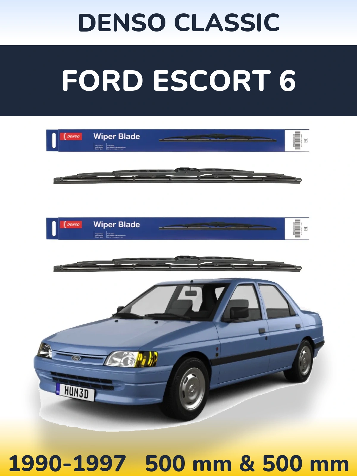 Front wiper blade set Denso Classic 500 & 500 mm for Ford Escort 6 1990-1997