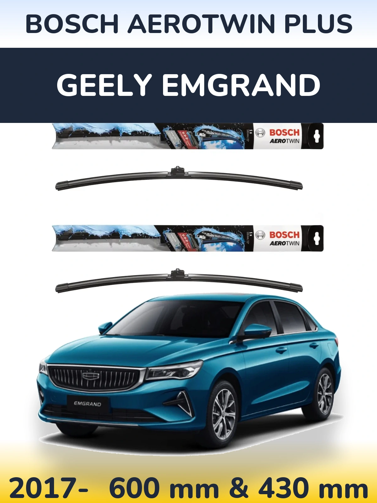Front wiper blade set BOSCH AeroTwin Plus 600 & 430 mm for Geely Emgrand 2017-2026