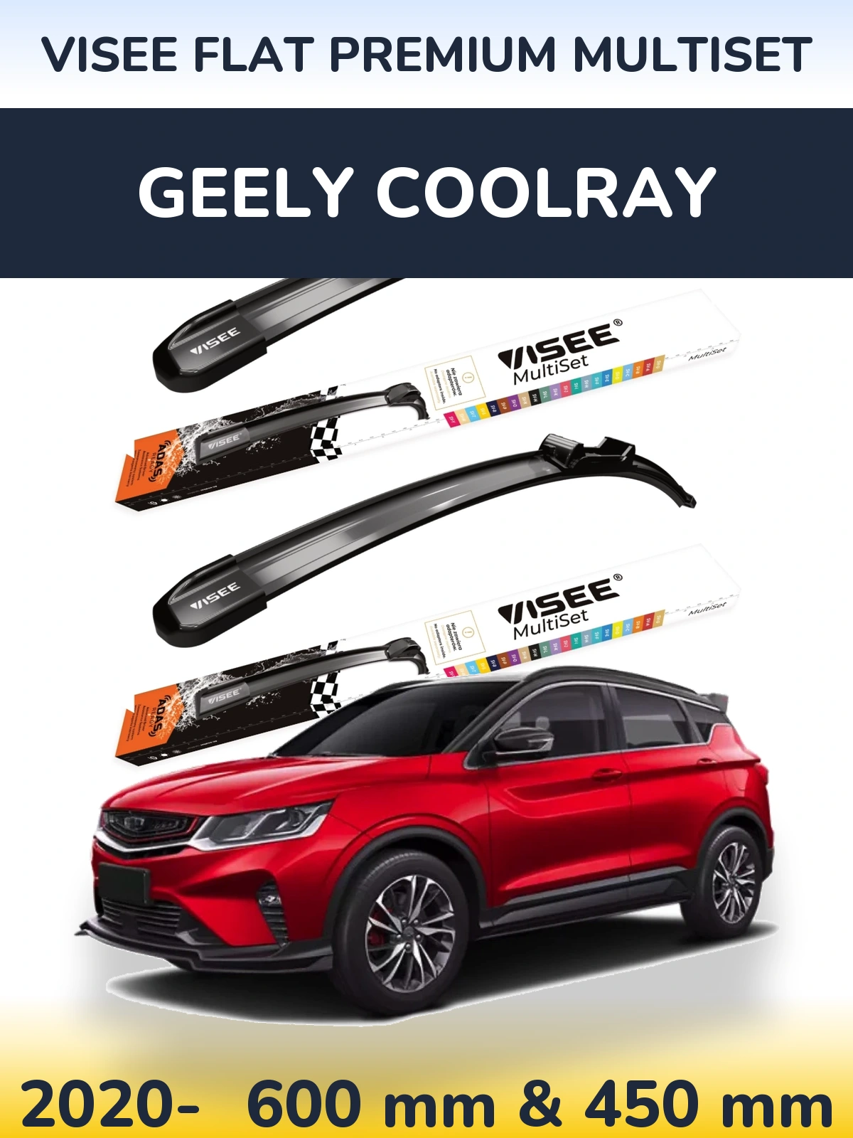 Komplet przednich wycieraczek VISEE FLAT PREMIUM MultiSet 600 & 450 mm do Geely Coolray 2020-2026