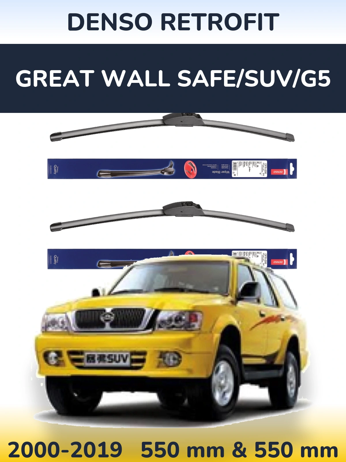 Front wiper blade set Denso Retrofit 550 & 550 mm for Great Wall Safe/SUV/G5 2000-2019