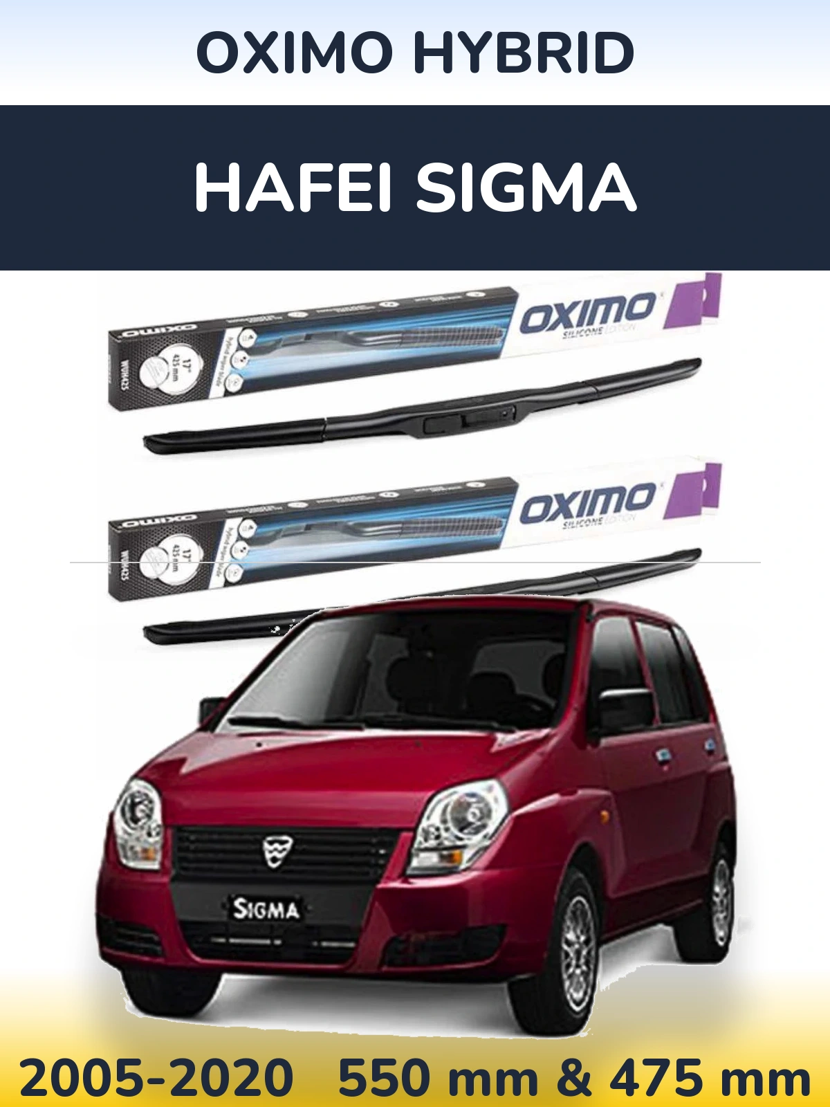 Front wiper blade set Oximo Hybrid 550 & 475 mm for Hafei Sigma 2005-2020