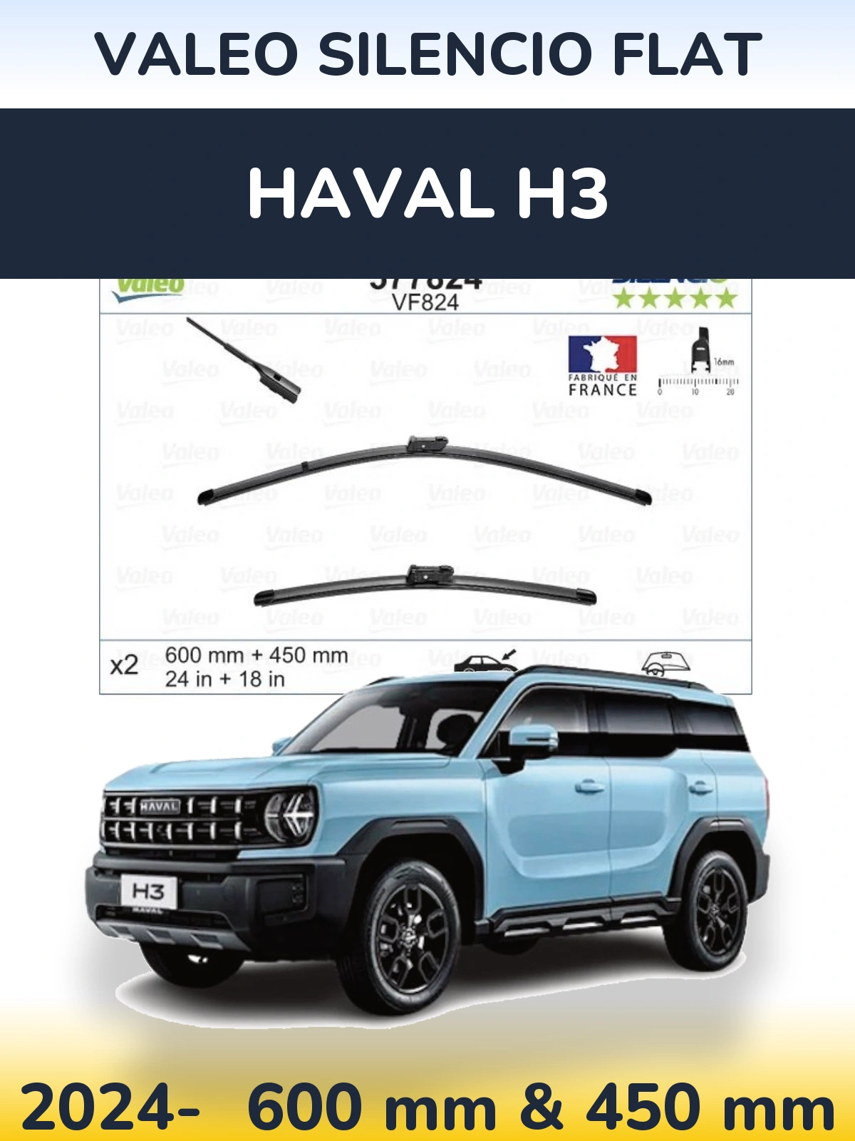 Комплект передних дворников Valeo Silencio Flat 600 & 450 мм для Haval H3 2024-2026