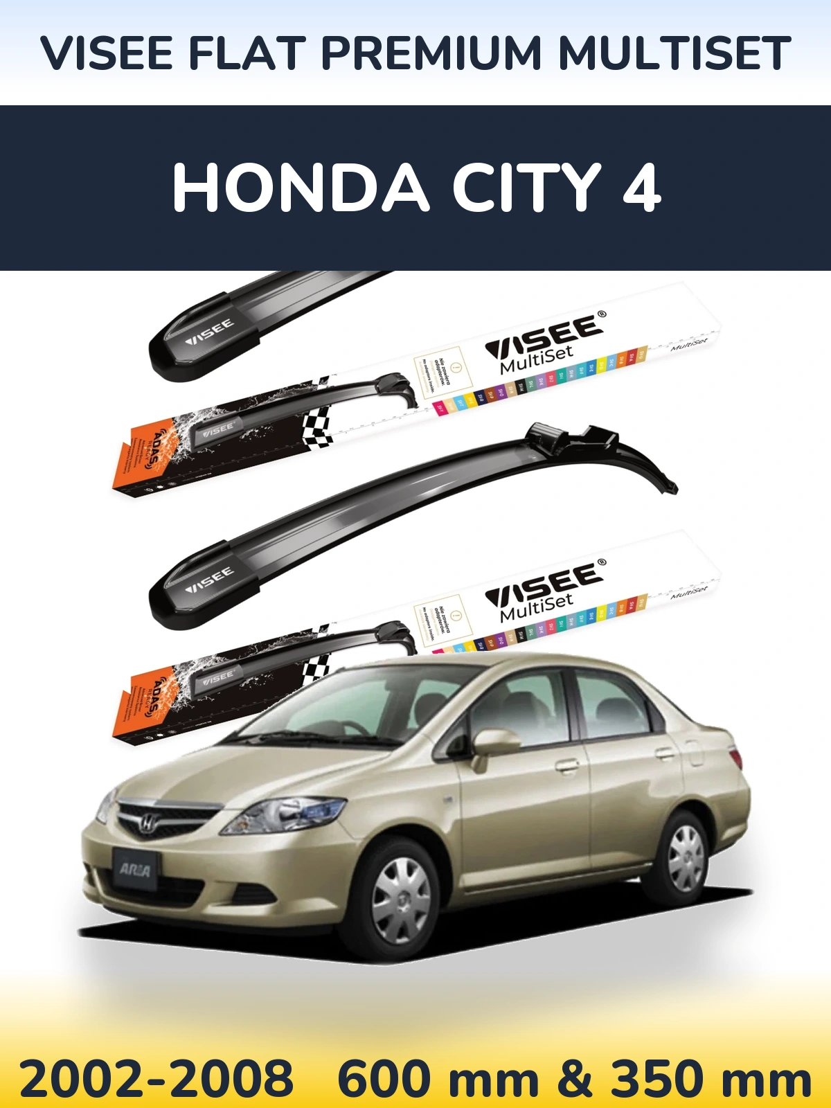 Комплект передних дворников VISEE FLAT PREMIUM MultiSet 600 & 350 мм для Honda City 4 2002-2008