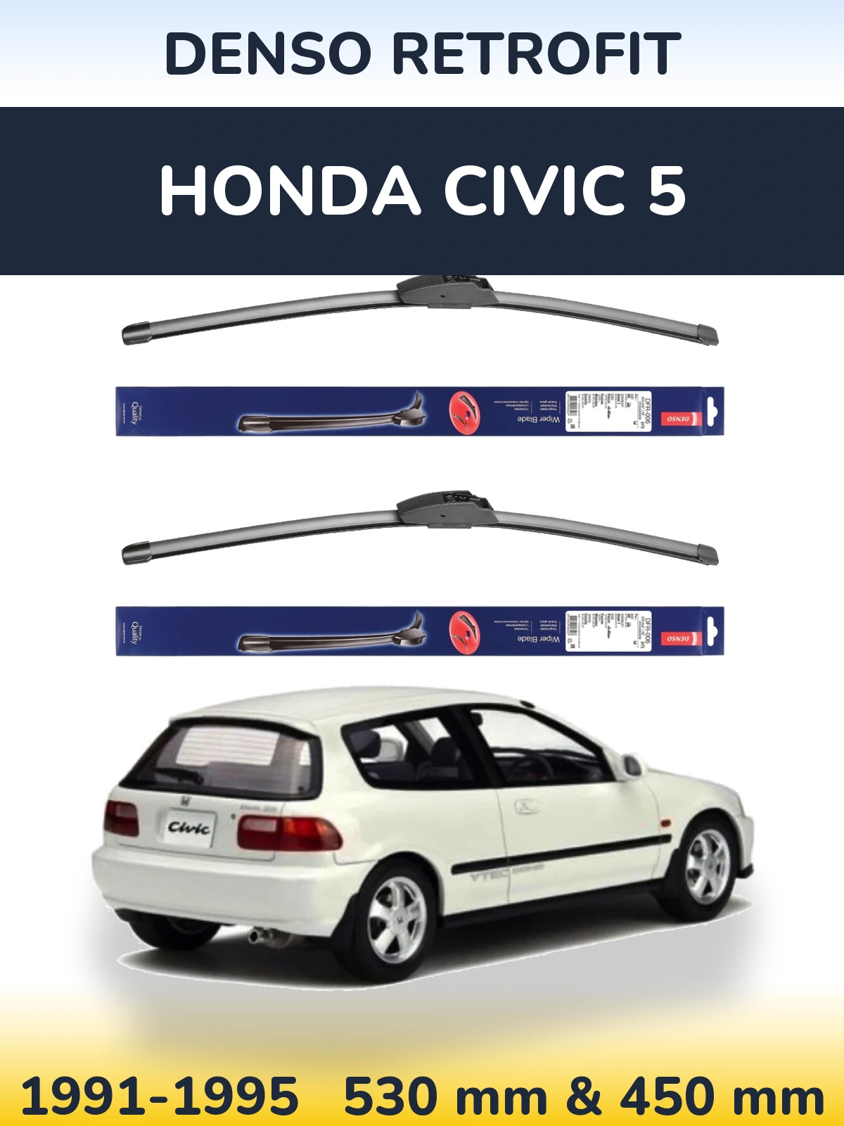 Front wiper blade set Denso Retrofit 530 & 450 mm for Honda Civic 5 1991-1995