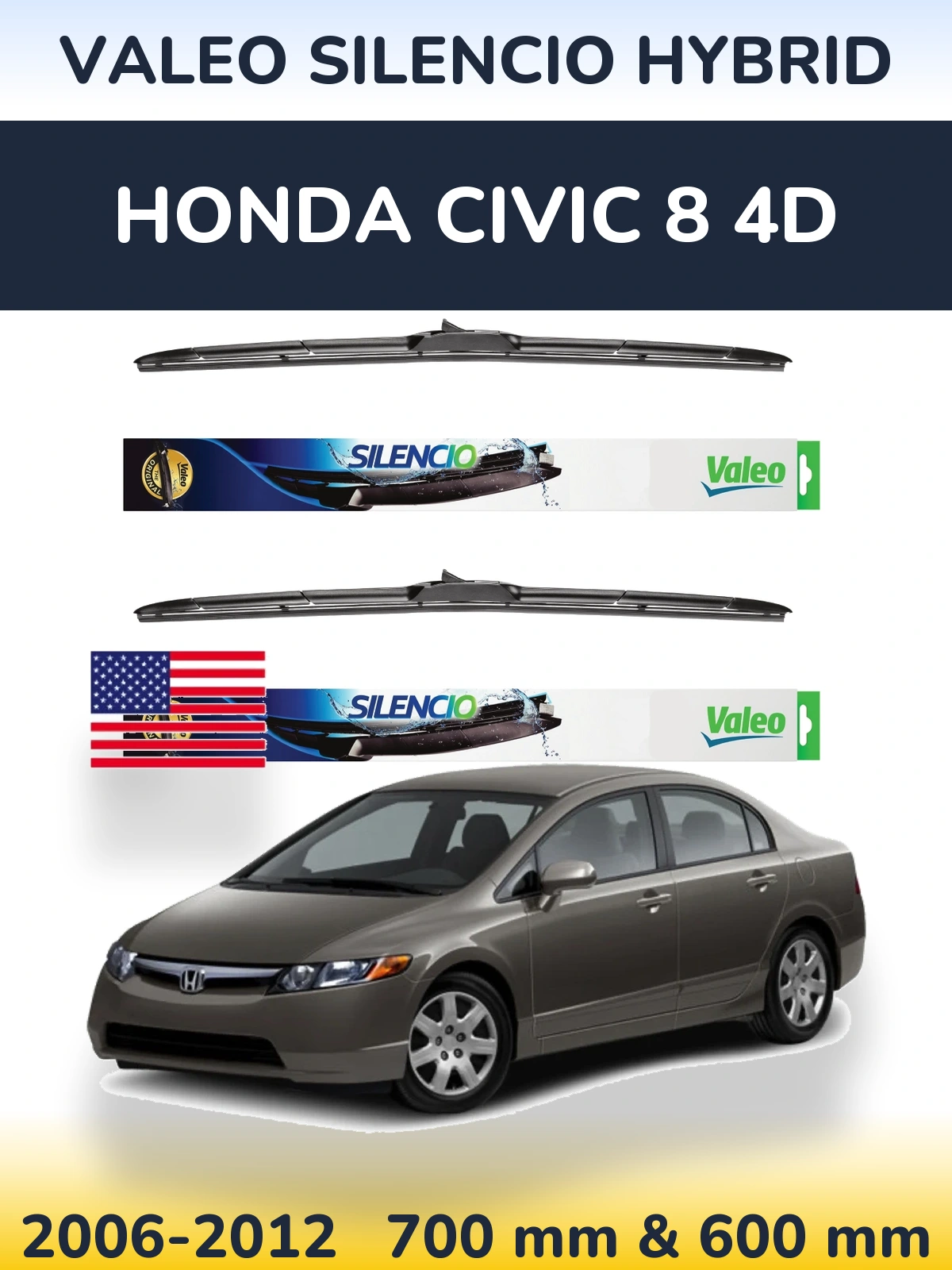 Комплект передніх щіток Valeo Silencio Hybrid 700 & 600 мм для Honda Civic 8 4D 2006-2012