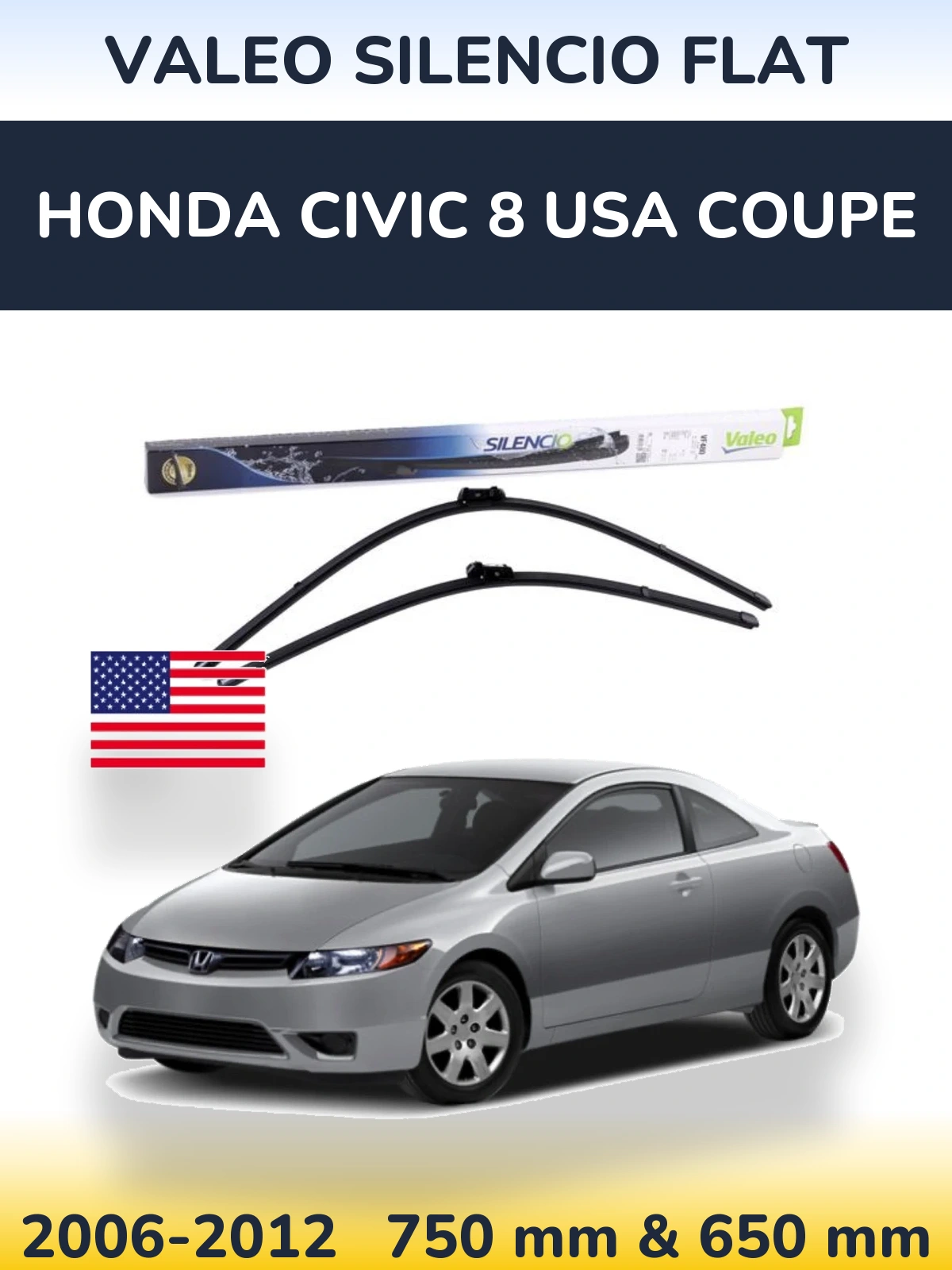 Комплект передних дворников Valeo Silencio Flat 750 & 650 мм для Honda Civic 8 USA coupe 2006-2012