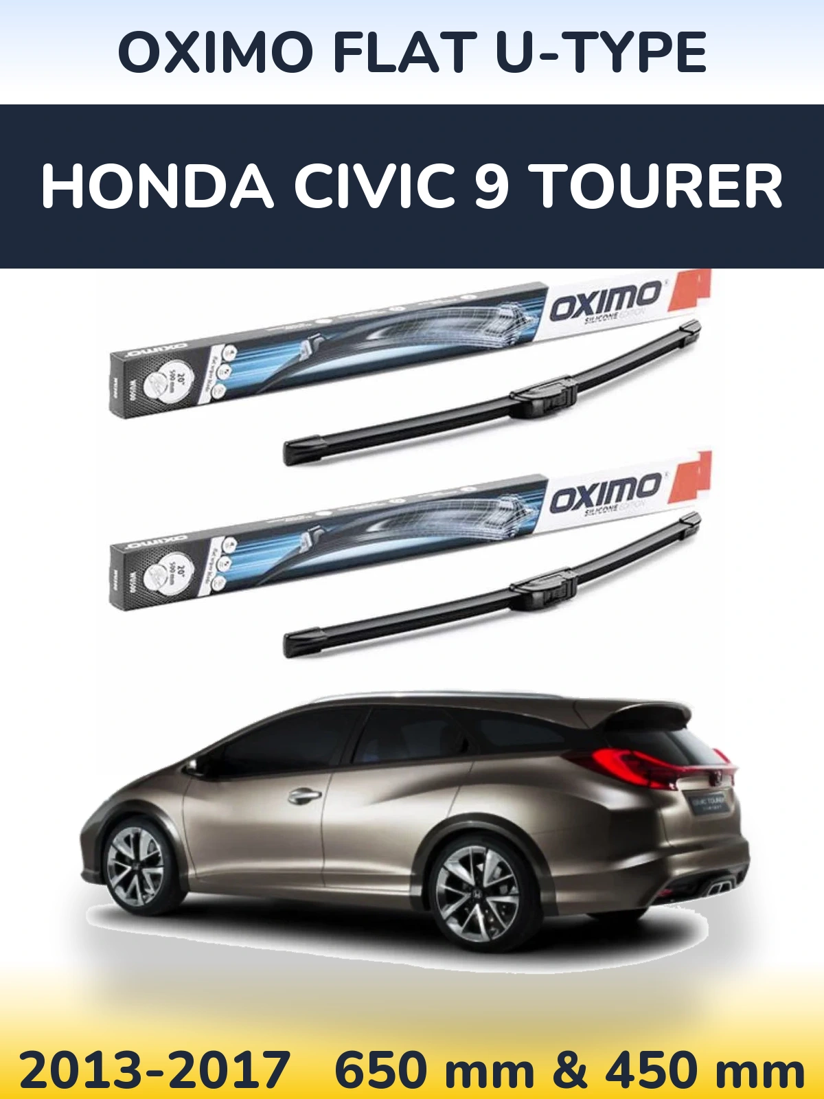 Комплект передних дворников Oximo Flat U-type 650 & 450 мм для Honda Civic 9 Tourer 2013-2017