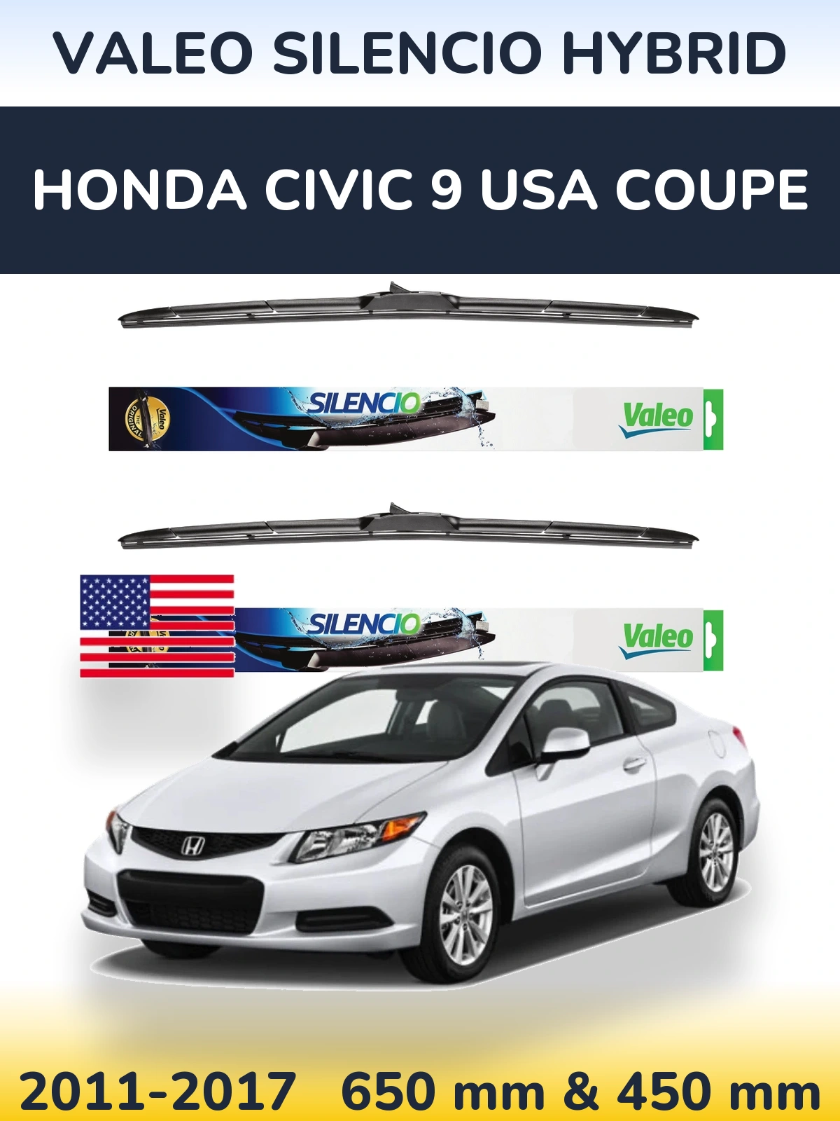 Комплект передніх щіток Valeo Silencio Hybrid 650 & 450 мм для Honda Civic 9 USA coupe 2011-2017