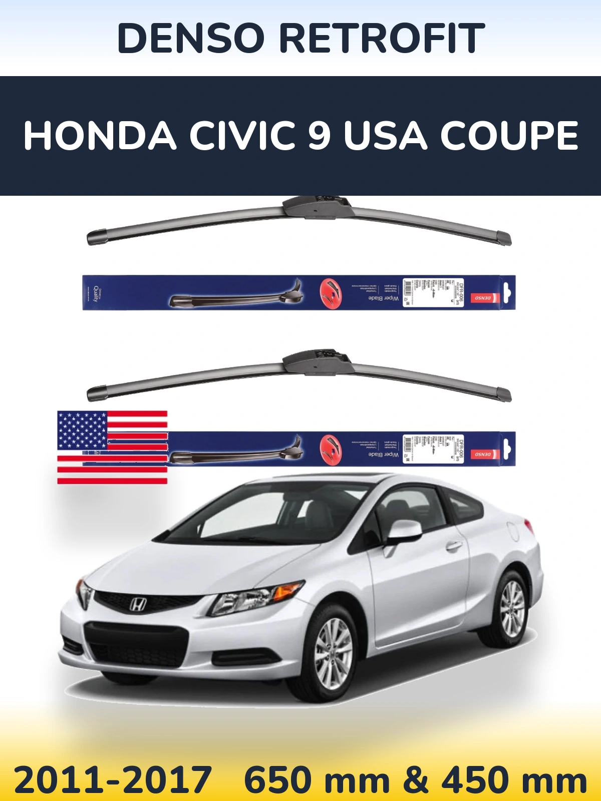 Комплект передних дворников Denso Retrofit 650 & 450 мм для Honda Civic 9 USA coupe 2011-2017