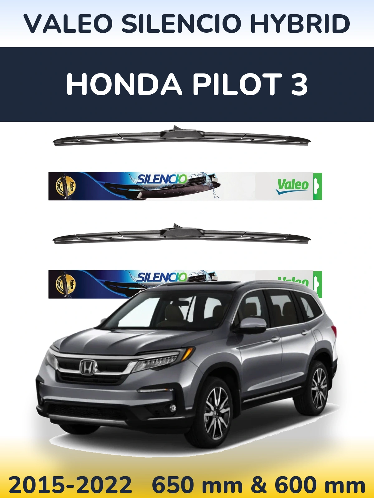 Комплект передних дворников Valeo Silencio Hybrid 650 & 600 мм для Honda Pilot 3 2015-2022