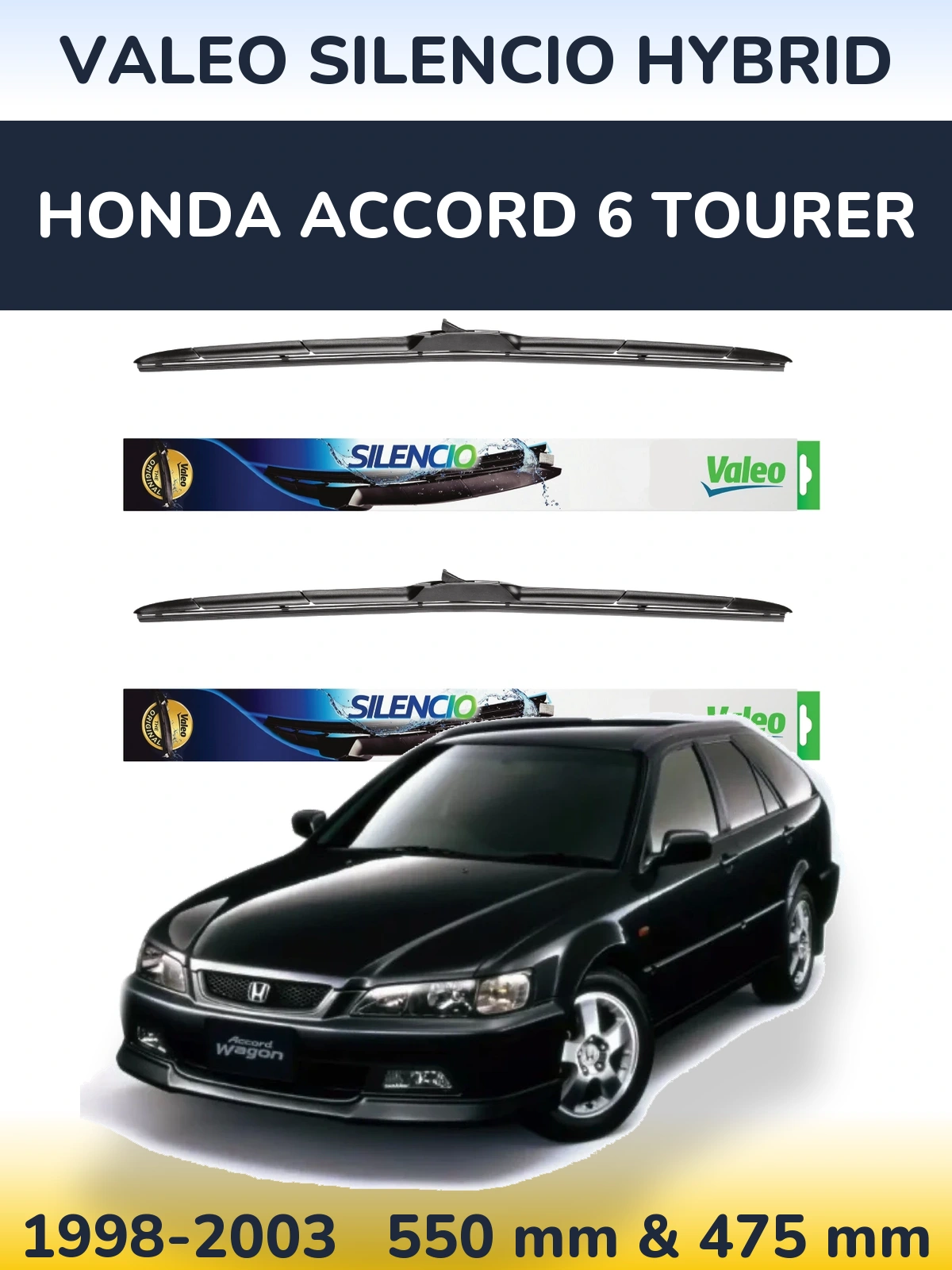 Front wiper blade set Valeo Silencio Hybrid 550 & 475 mm for Honda Accord 6 Tourer 1998-2003
