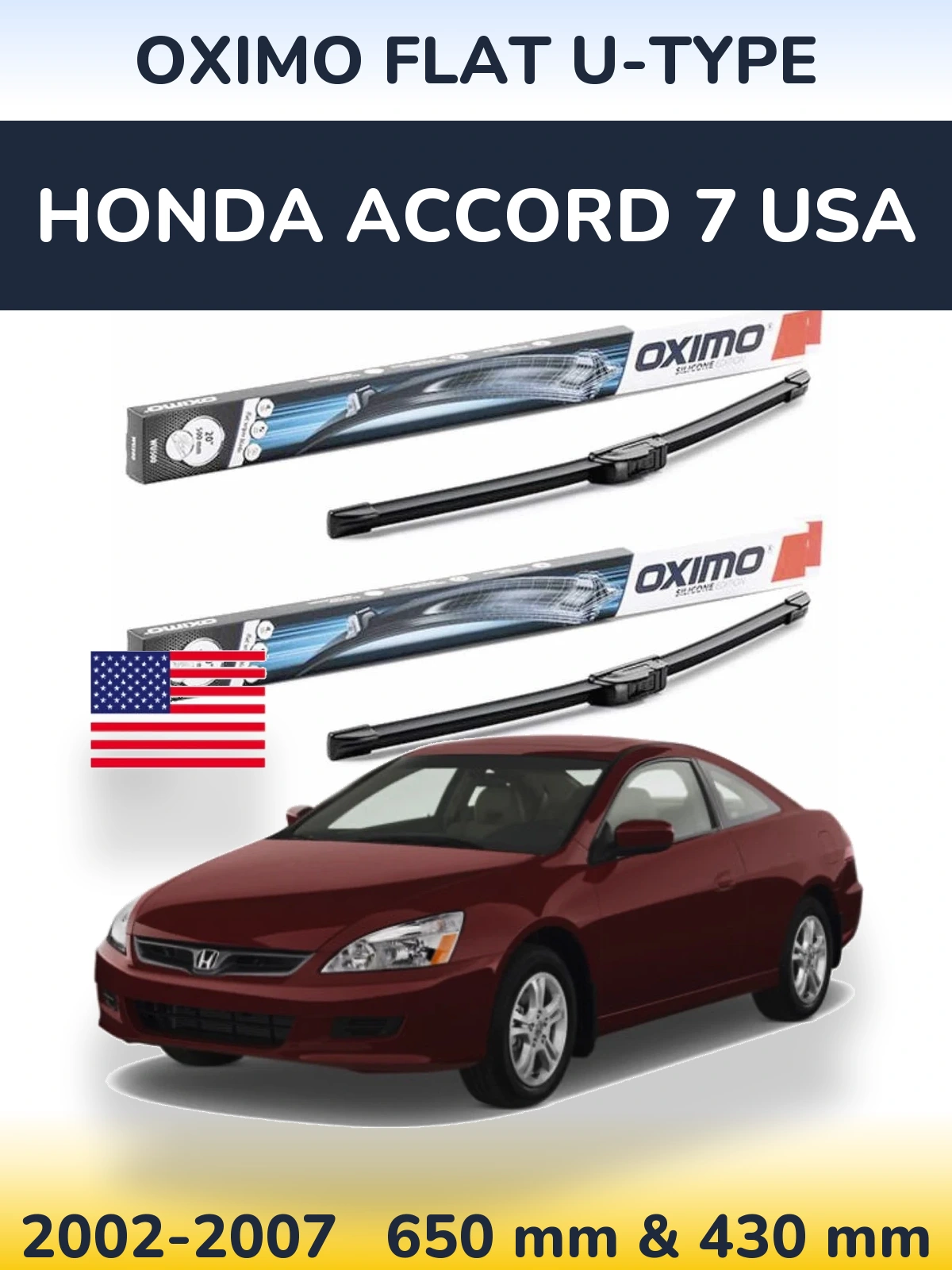 Комплект передних дворников Oximo Flat U-type 650 & 430 мм для Honda Accord 7 USA 2002-2007