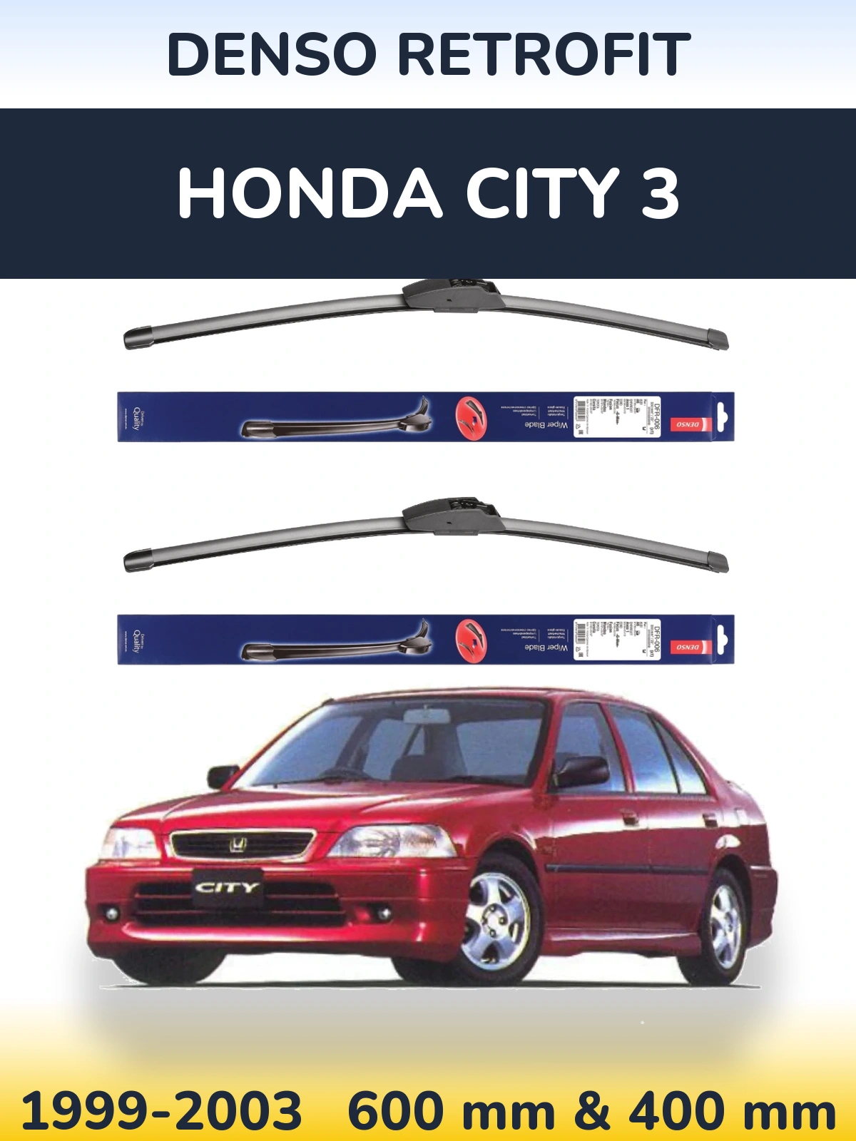 Front wiper blade set Denso Retrofit 600 & 400 mm for Honda City 3 1999-2003