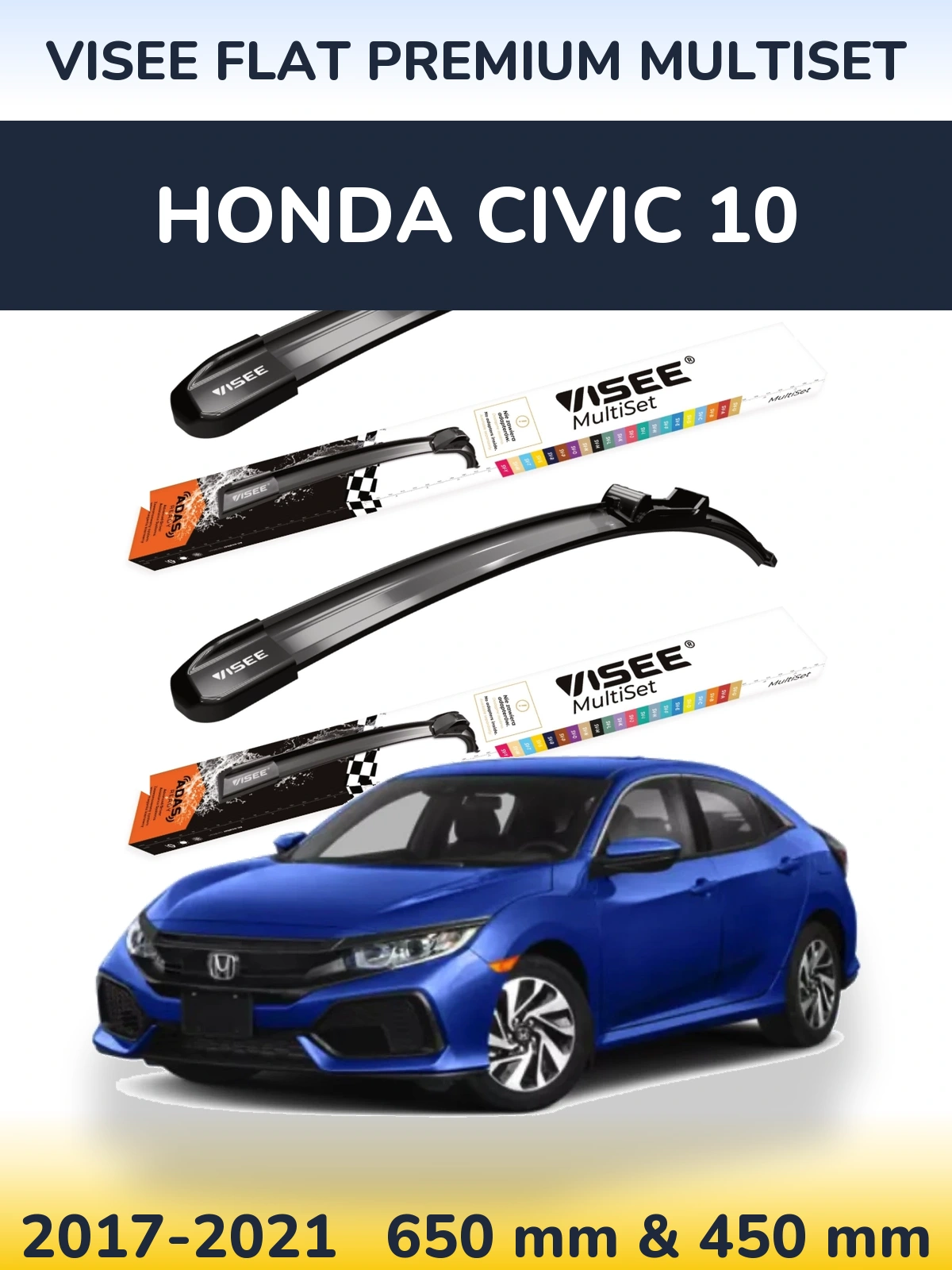 Комплект передніх щіток VISEE FLAT PREMIUM MultiSet 650 & 450 мм для Honda Civic 10 2017-2021