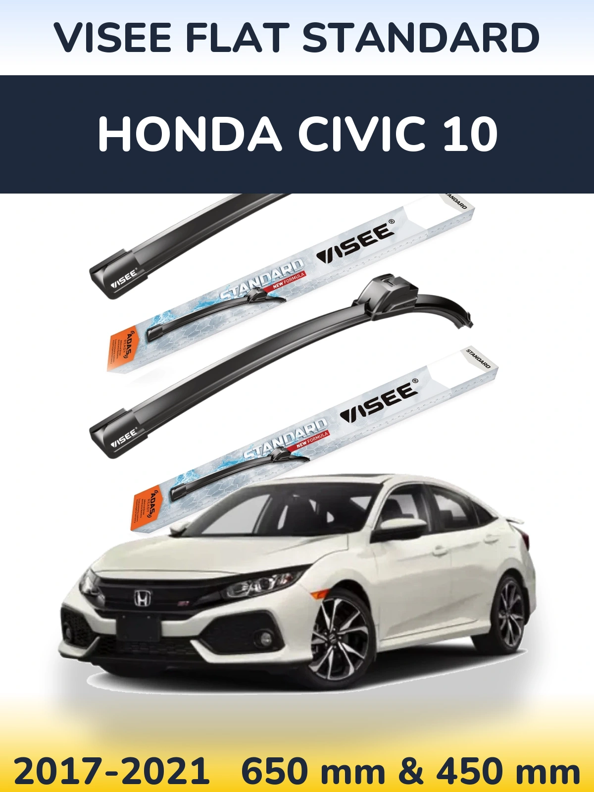 Комплект передніх щіток VISEE FLAT STANDARD 650 & 450 мм для Honda Civic 10 2017-2021