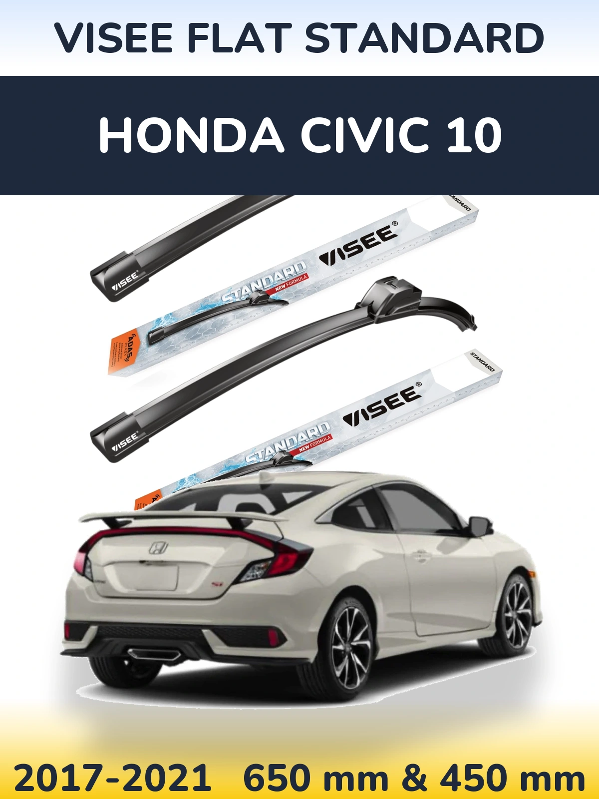 Комплект передних дворников VISEE FLAT STANDARD 650 & 450 мм для Honda Civic 10 2017-2021