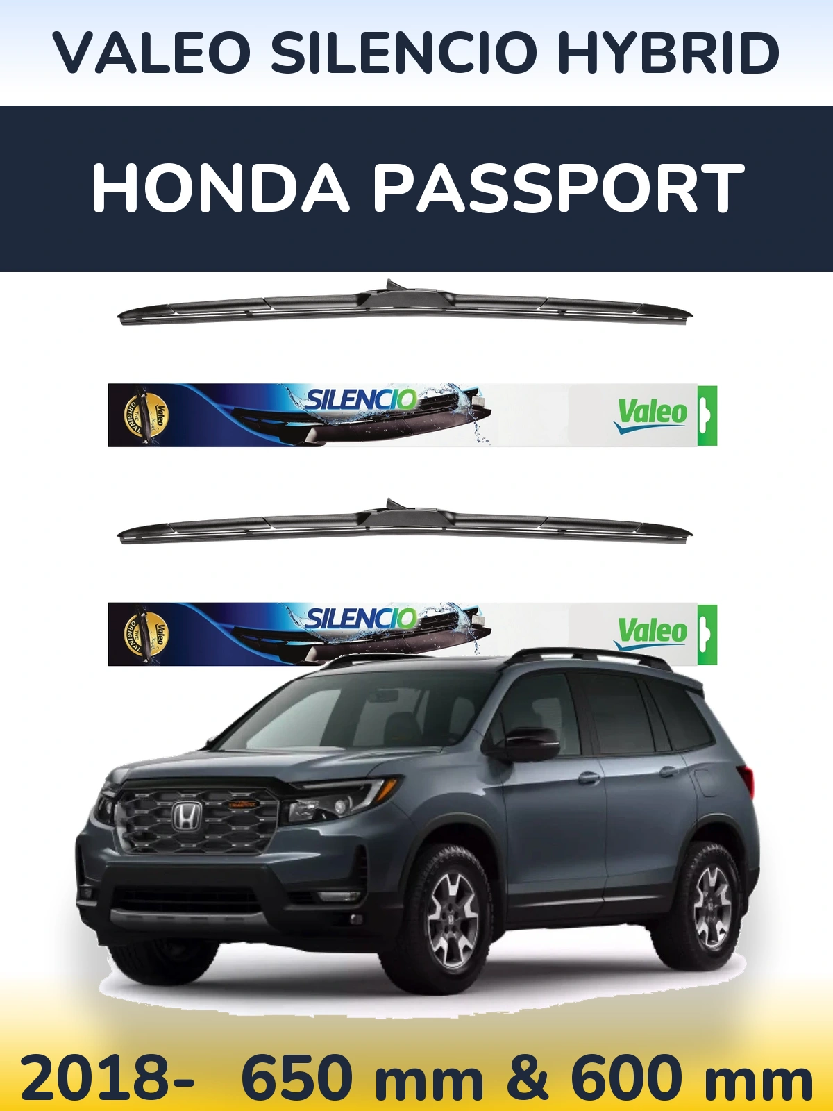 Komplet przednich wycieraczek Valeo Silencio Hybrid 650 & 600 mm do Honda Passport 2018-2026