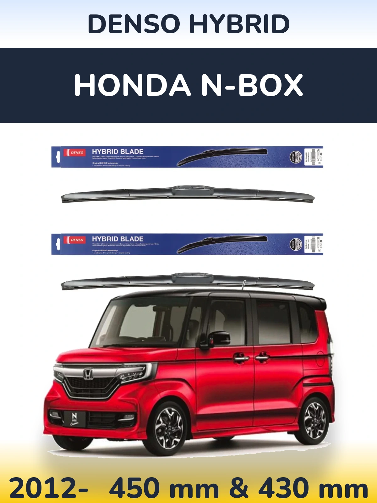 Front wiper blade set Denso Hybrid 450 & 430 mm for Honda N-box 2012-2026