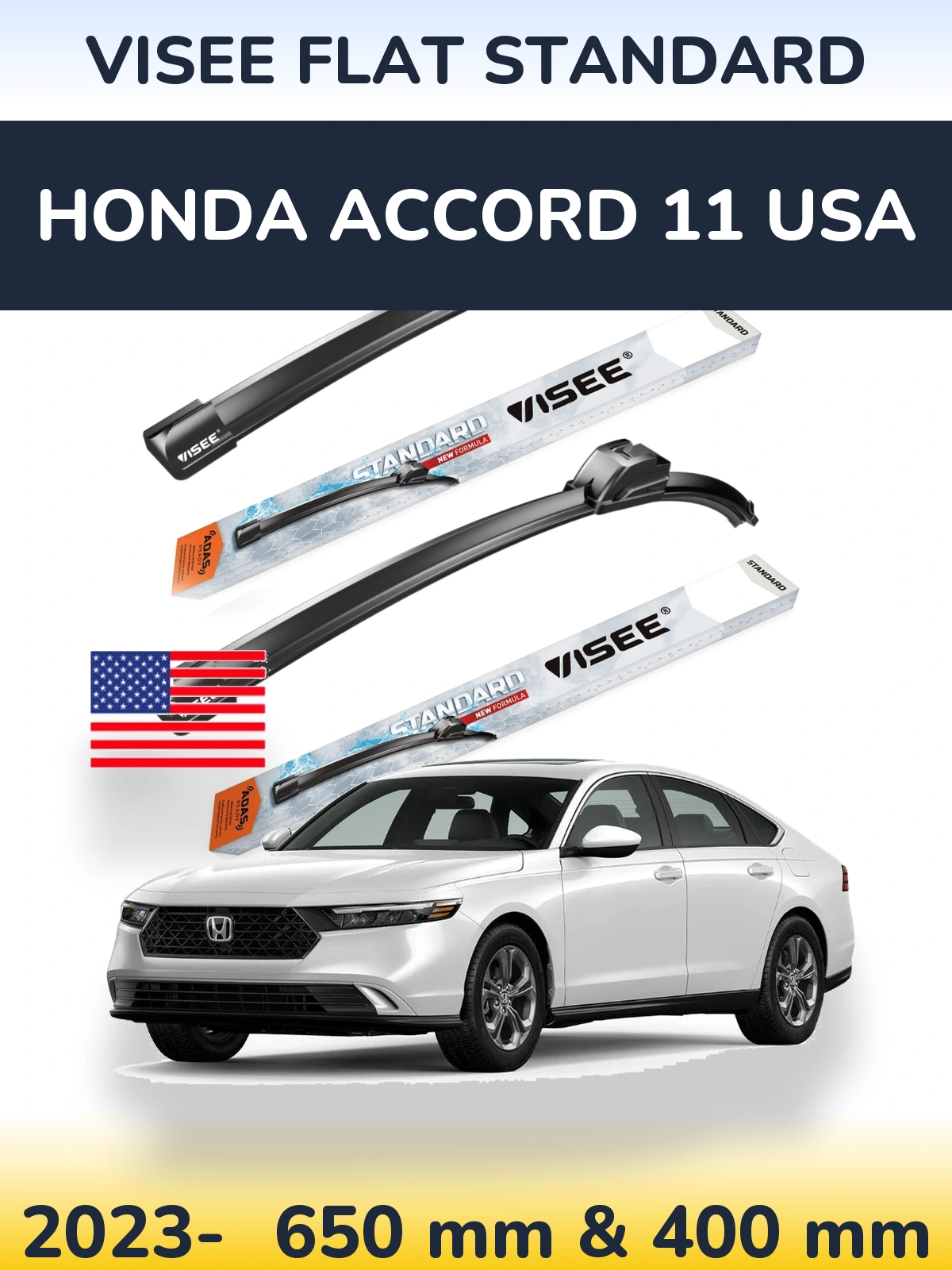 Комплект передніх щіток VISEE FLAT STANDARD 650 & 400 мм для Honda Accord 11 USA 2023-2026