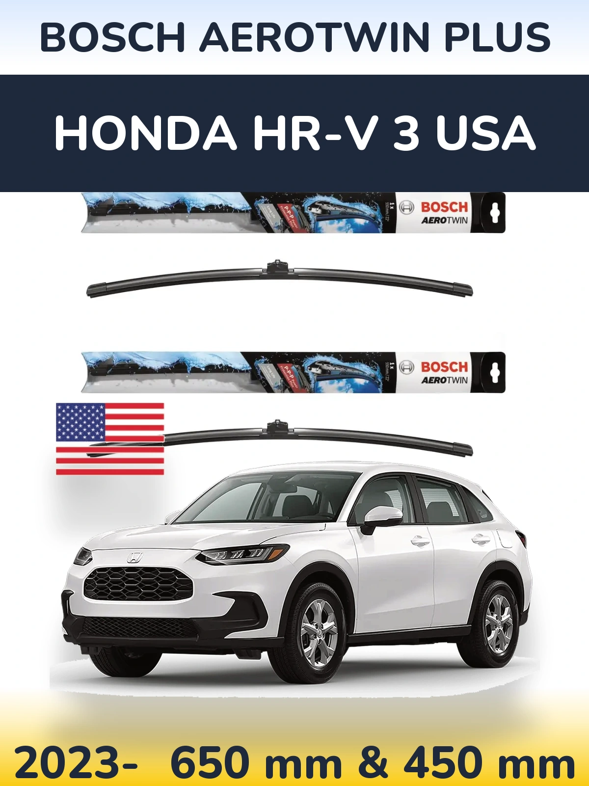 Комплект передніх щіток BOSCH AeroTwin Plus 650 & 450 мм для Honda HR-V 3 USA 2023-2026