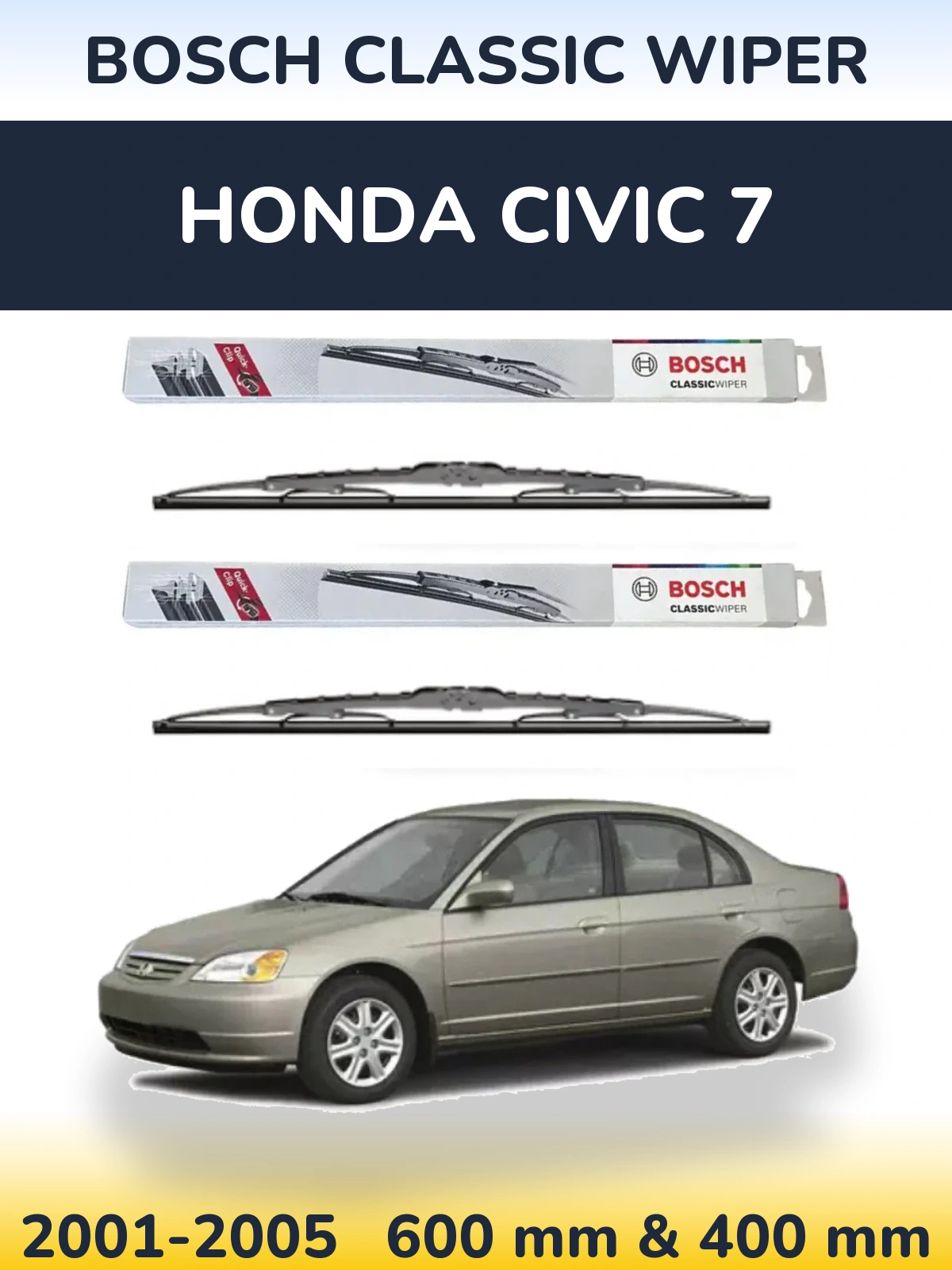 Комплект передних дворников BOSCH Classic Wiper 600 & 400 мм для Honda Civic 7 2001-2005