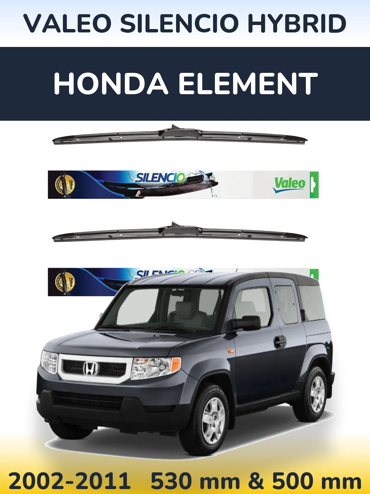 Front wiper blade set Valeo Silencio Hybrid 530 & 500 mm for Honda Element 2002-2011