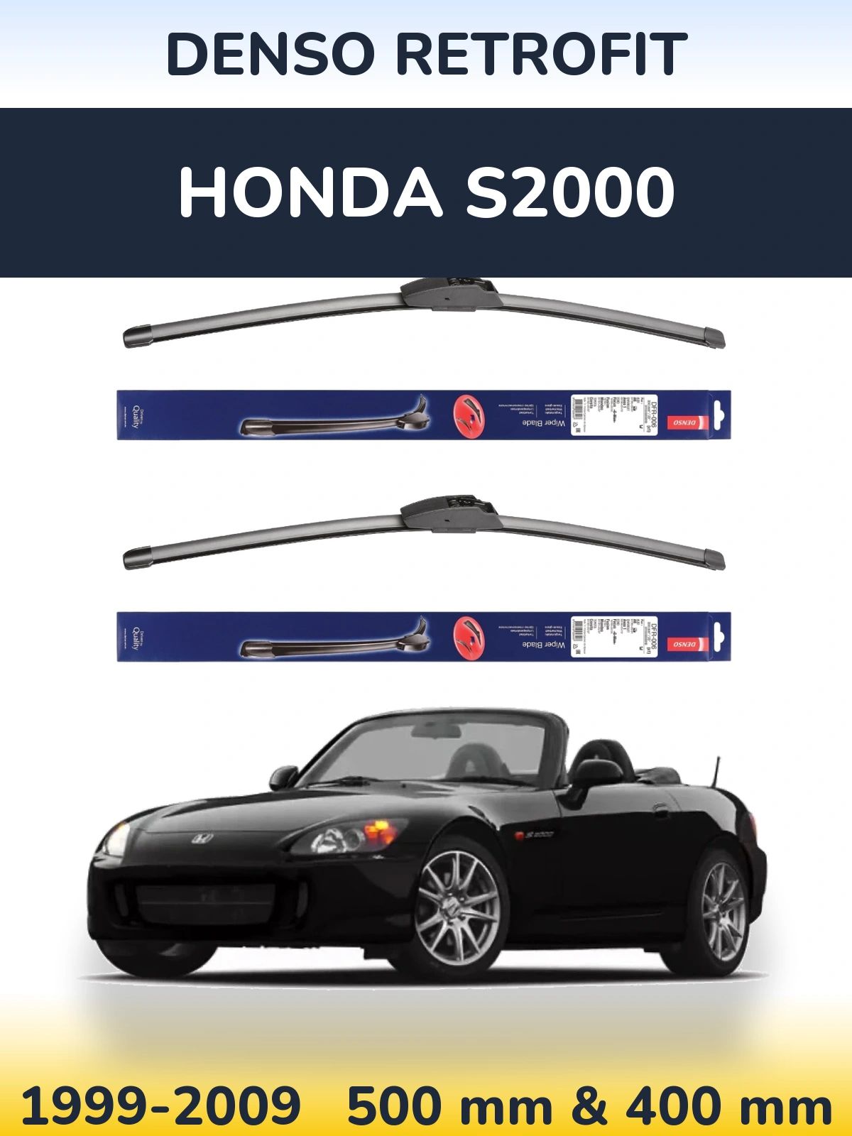 Front wiper blade set Denso Retrofit 500 & 400 mm for Honda S2000 1999-2009