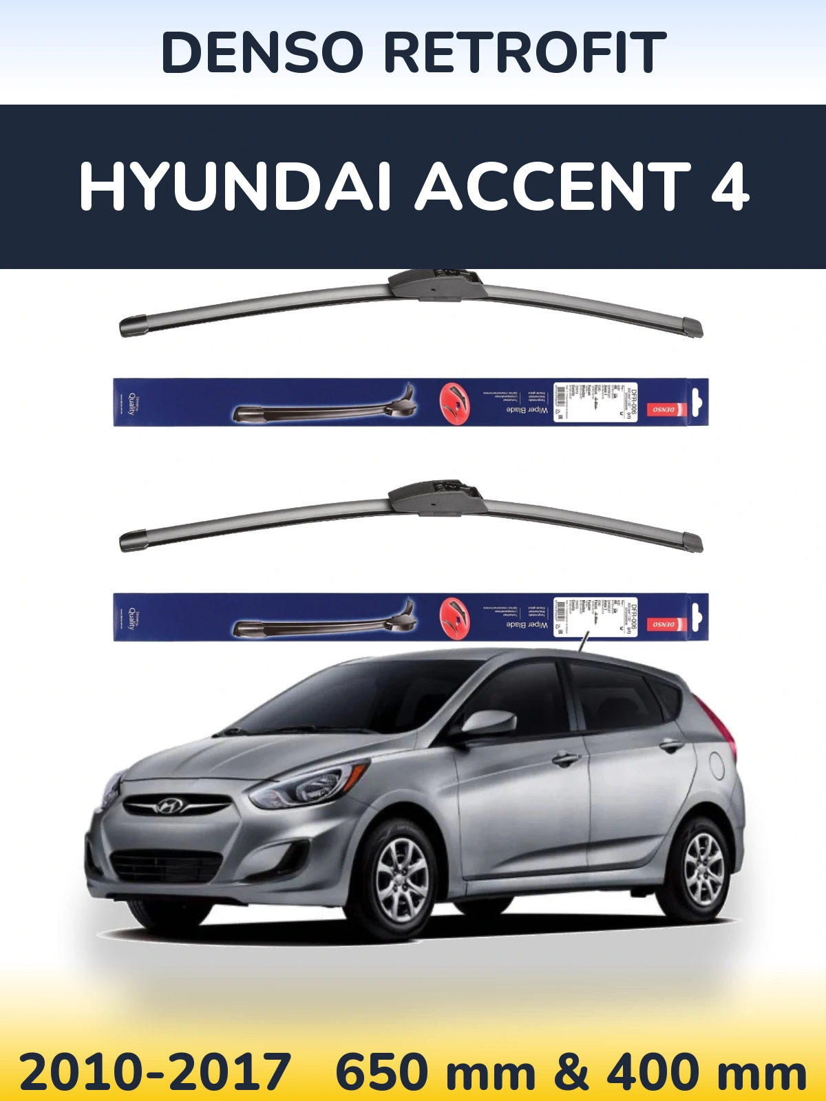 Front wiper blade set Denso Retrofit 650 & 400 mm for Hyundai Accent 4 2010-2017