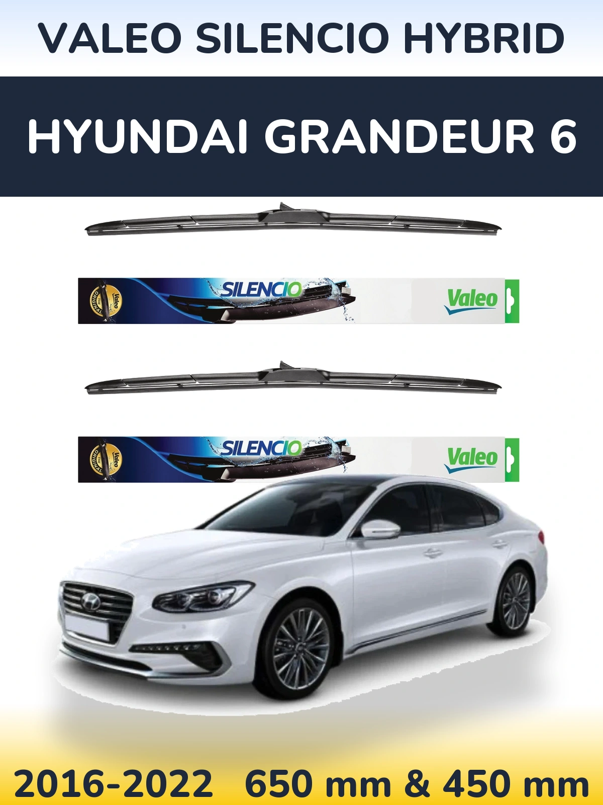 Front wiper blade set Valeo Silencio Hybrid 650 & 450 mm for Hyundai Grandeur 6 2016-2022