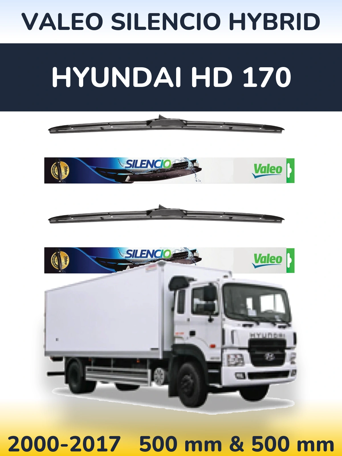 Front wiper blade set Valeo Silencio Hybrid 500 & 500 mm for Hyundai HD 170 2000-2017