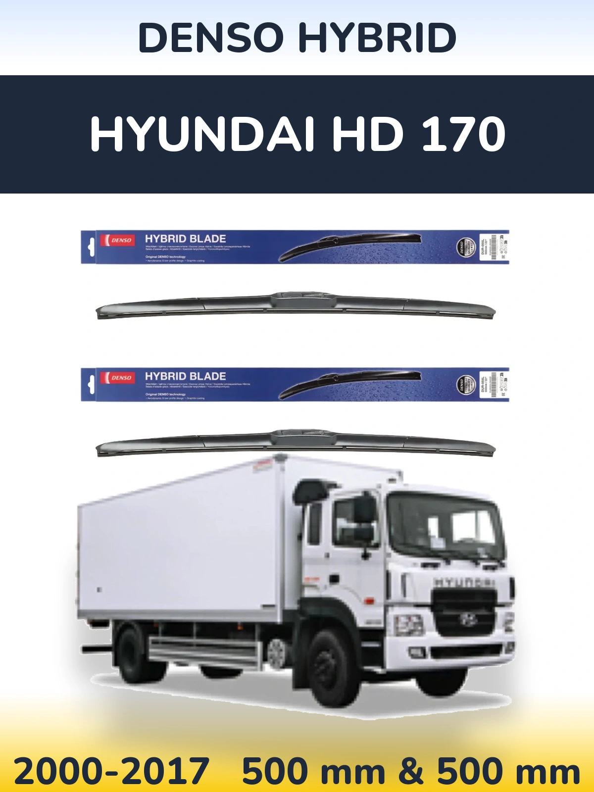 Komplet przednich wycieraczek Denso Hybrid 500 & 500 mm do Hyundai HD 170 2000-2017