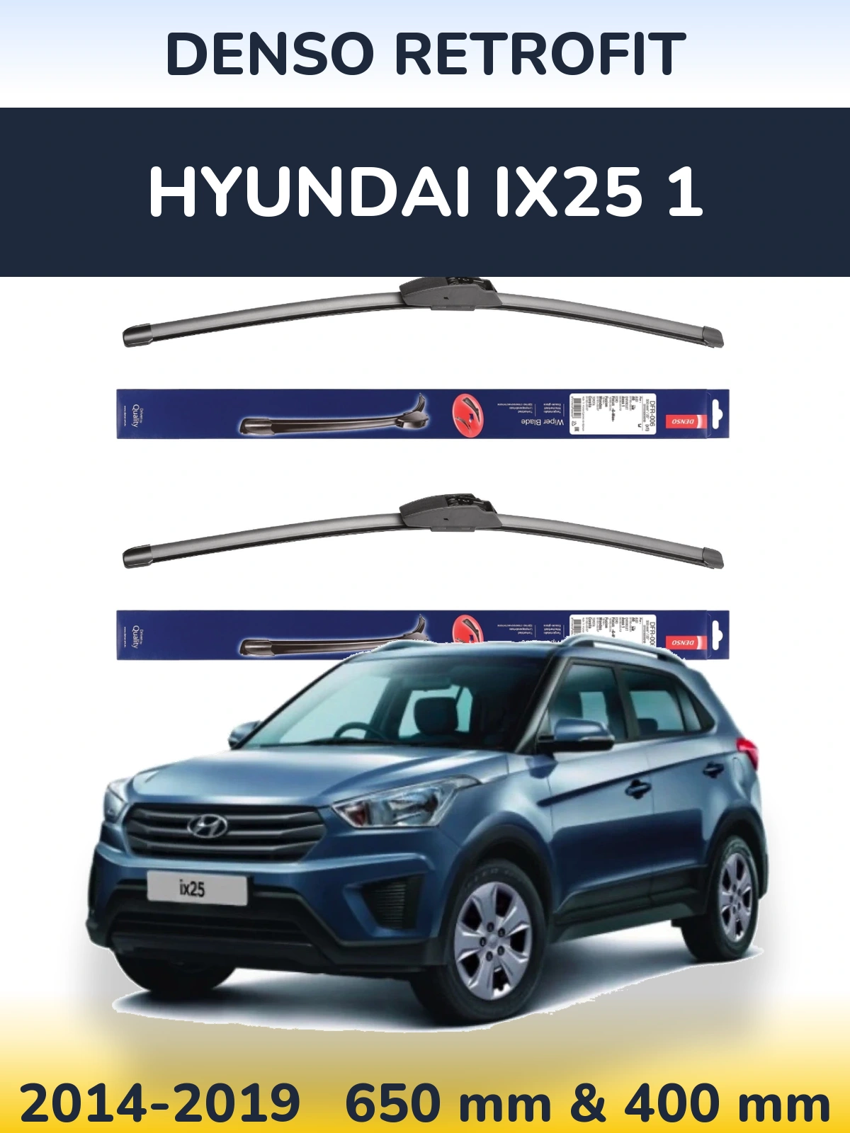 Front wiper blade set Denso Retrofit 650 & 400 mm for Hyundai ix25 1 2014-2019