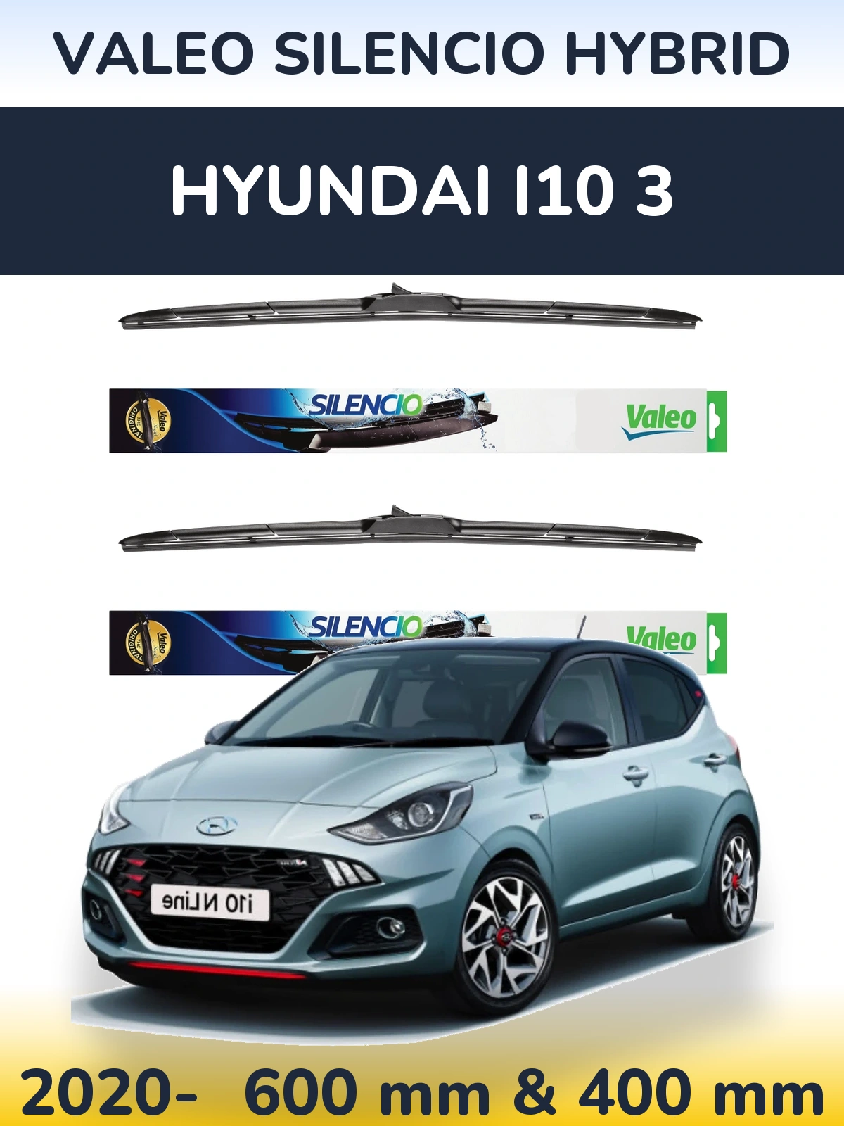 Front wiper blade set Valeo Silencio Hybrid 600 & 400 mm for Hyundai i10 3 2020-2026