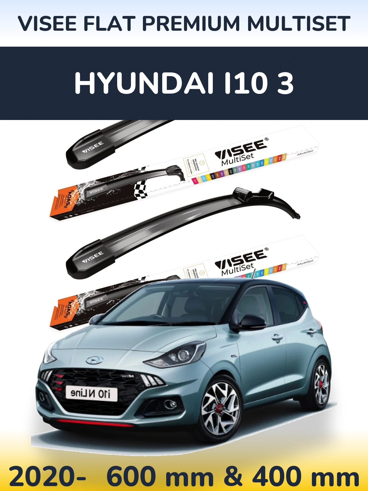 Комплект передніх щіток VISEE FLAT PREMIUM MultiSet 600 & 400 мм для Hyundai i10 3 2020-2026