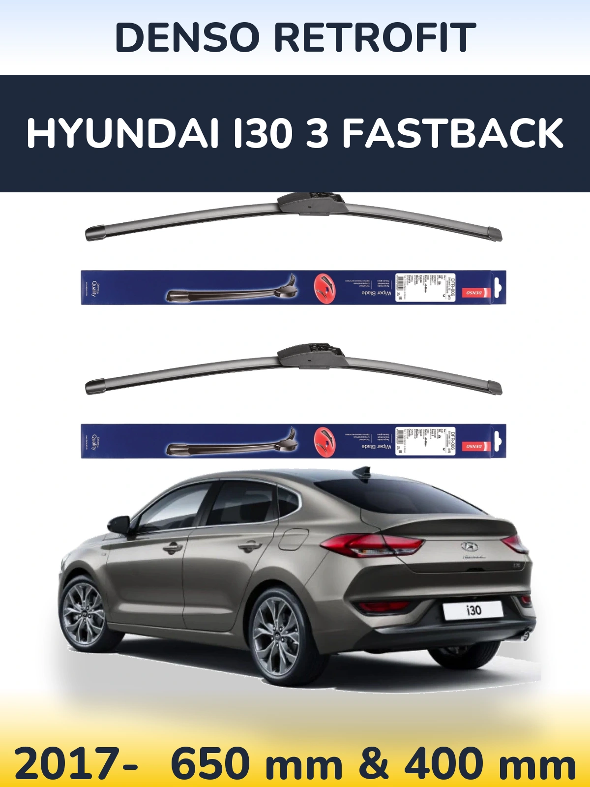 Комплект передніх щіток Denso Retrofit 650 & 400 мм для Hyundai i30 3 Fastback 2017-2026
