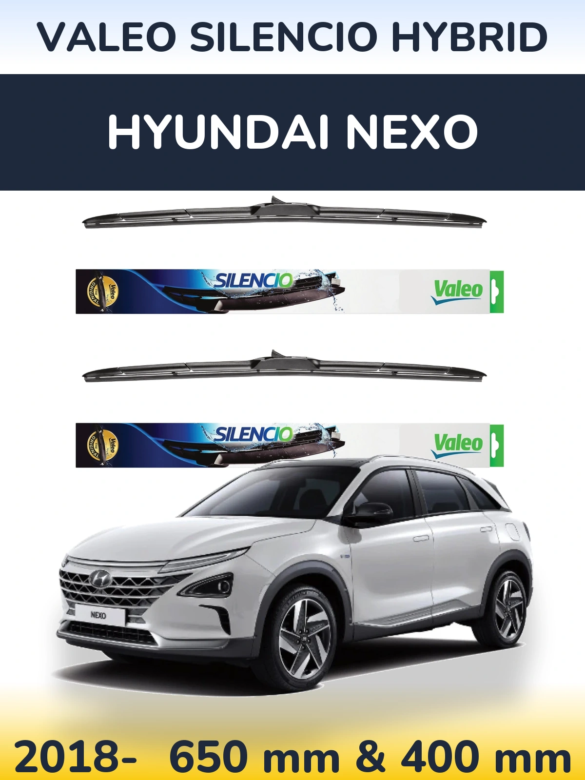Komplet przednich wycieraczek Valeo Silencio Hybrid 650 & 400 mm do Hyundai Nexo 2018-2026