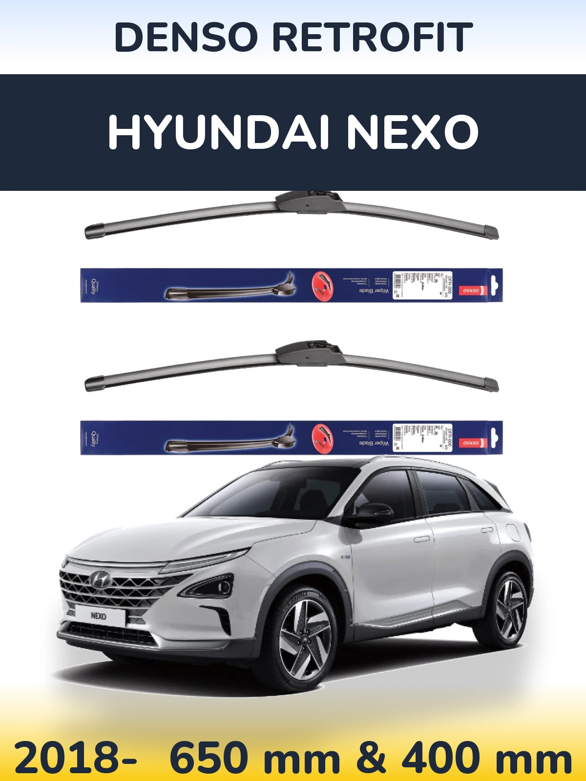Комплект передних дворников Denso Retrofit 650 & 400 мм для Hyundai Nexo 2018-2026