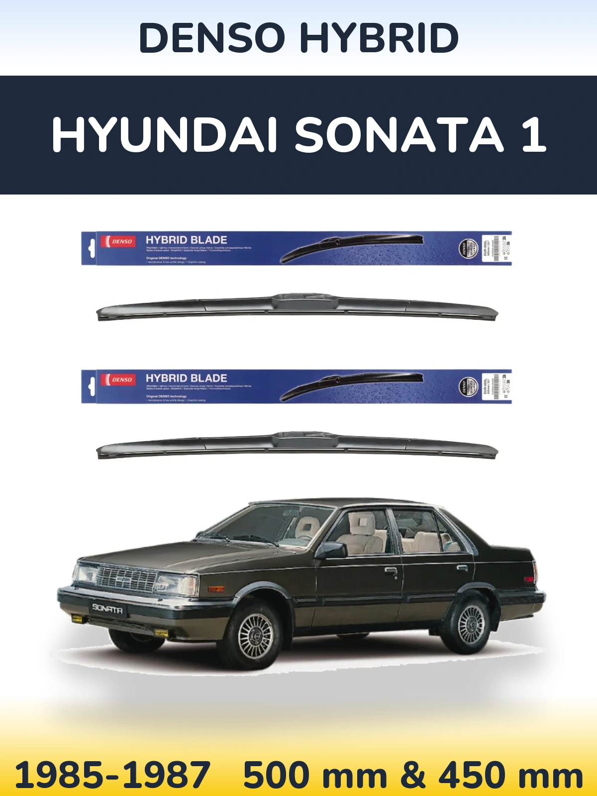 Front wiper blade set Denso Hybrid 500 & 450 mm for Hyundai Sonata 1 1985-1987