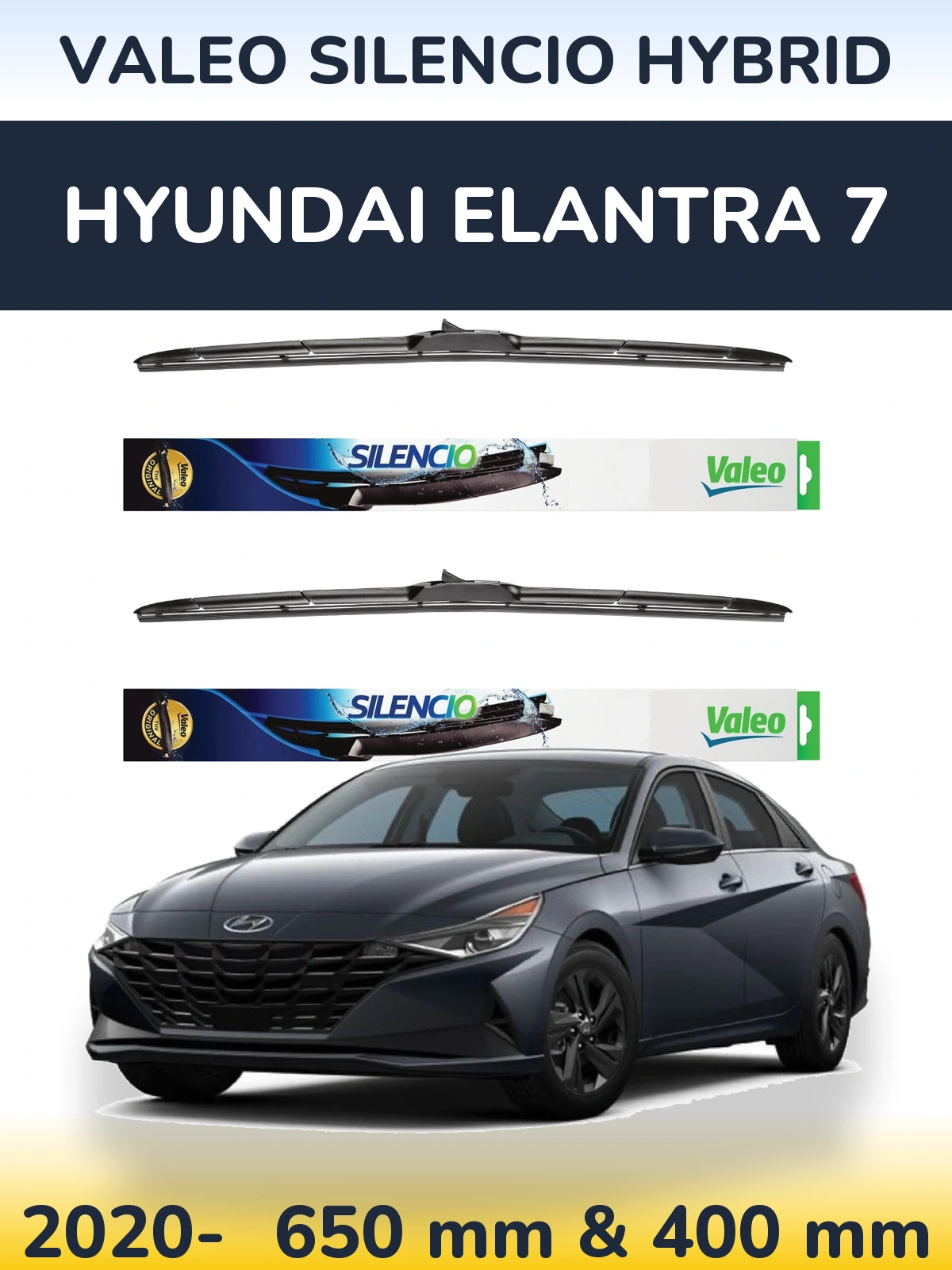 Komplet przednich wycieraczek Valeo Silencio Hybrid 650 & 400 mm do Hyundai Elantra 7 2020-2026