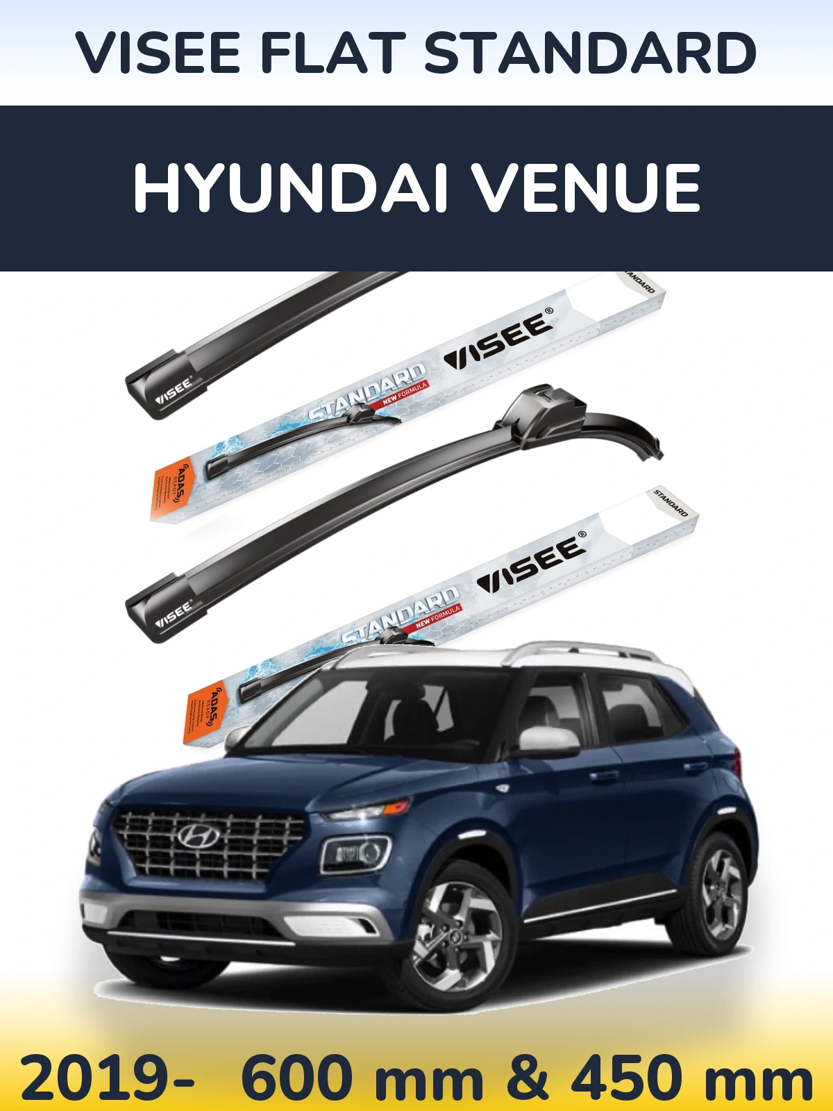 Komplet przednich wycieraczek VISEE FLAT STANDARD 600 & 450 mm do Hyundai Venue 2019-2026