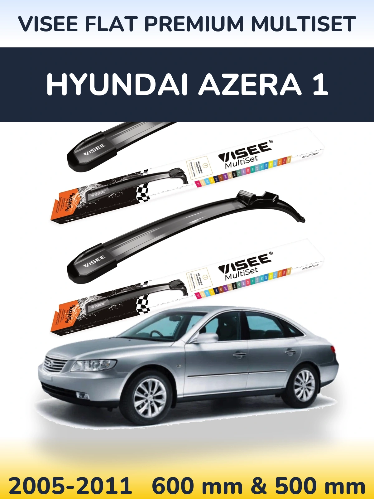 Комплект передних дворников VISEE FLAT PREMIUM MultiSet 600 & 500 мм для Hyundai Azera 1 2005-2011