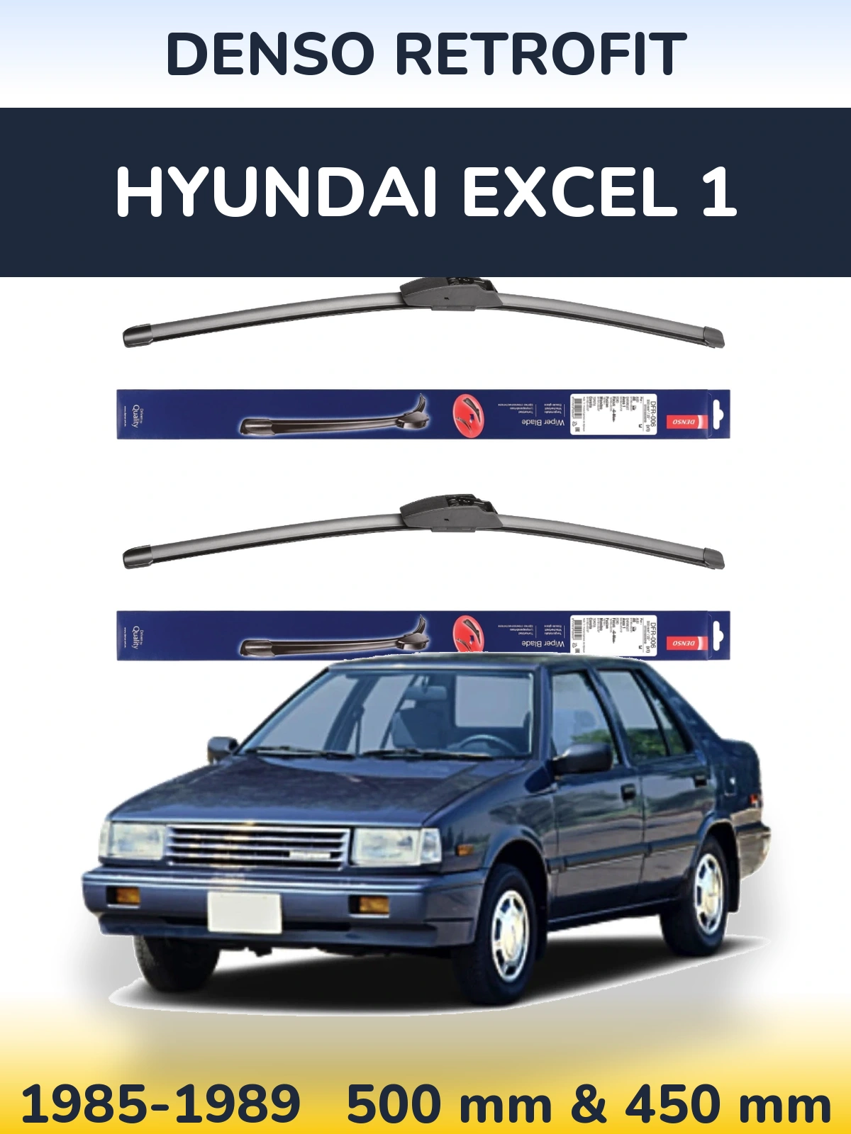 Front wiper blade set Denso Retrofit 500 & 450 mm for Hyundai Excel 1 1985-1989