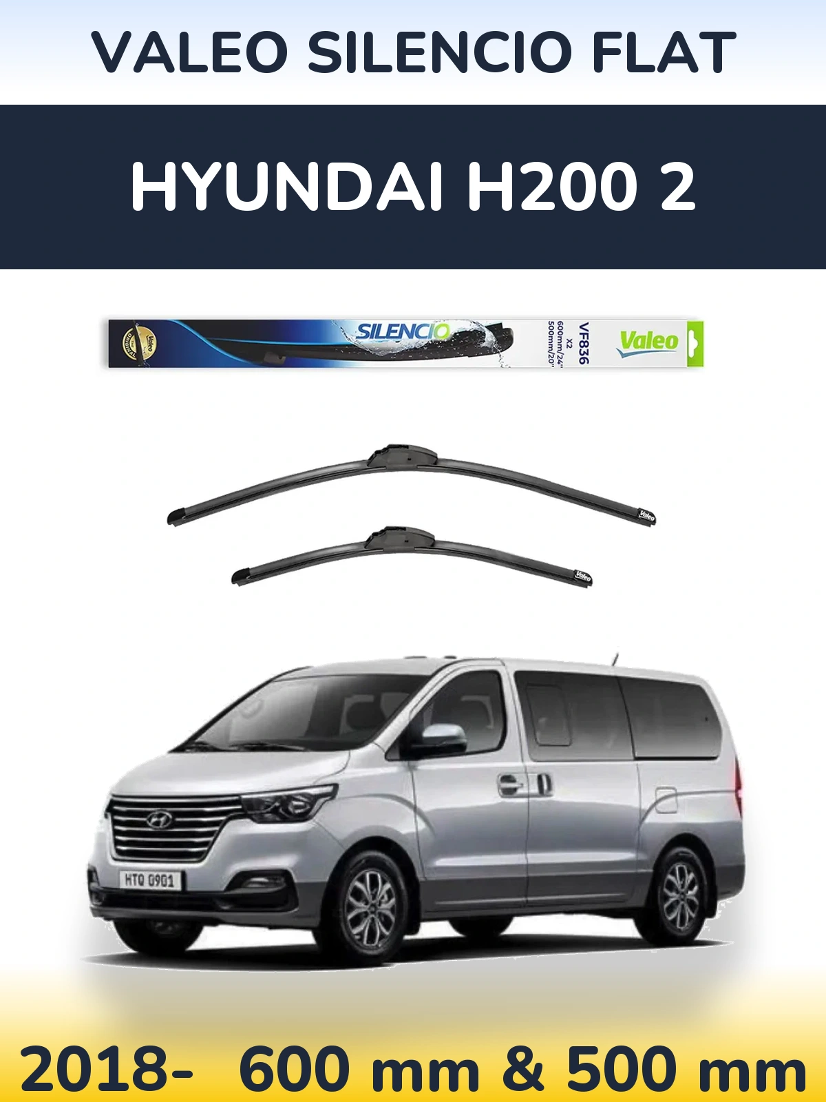 Komplet przednich wycieraczek Valeo Silencio Flat 600 & 500 mm do Hyundai H200 2 2018-2026