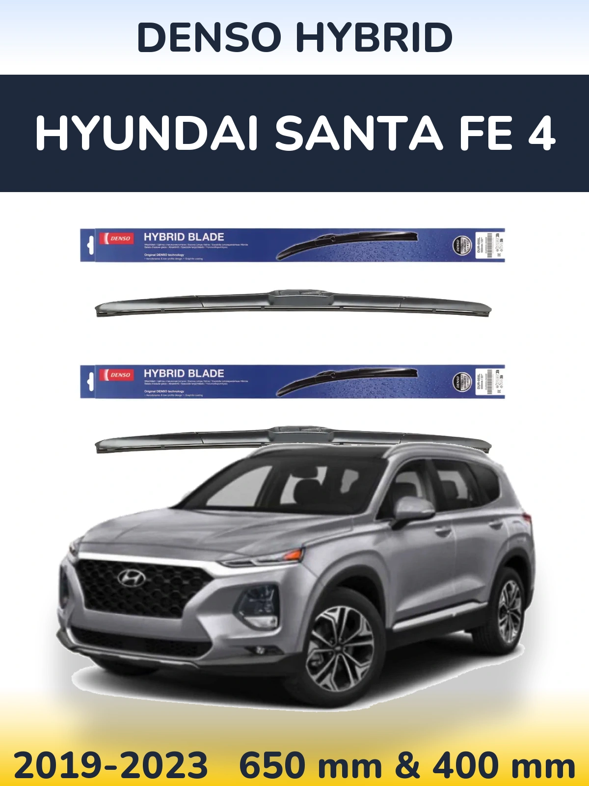 Front wiper blade set Denso Hybrid 650 & 400 mm for Hyundai Santa Fe 4 2019-2023