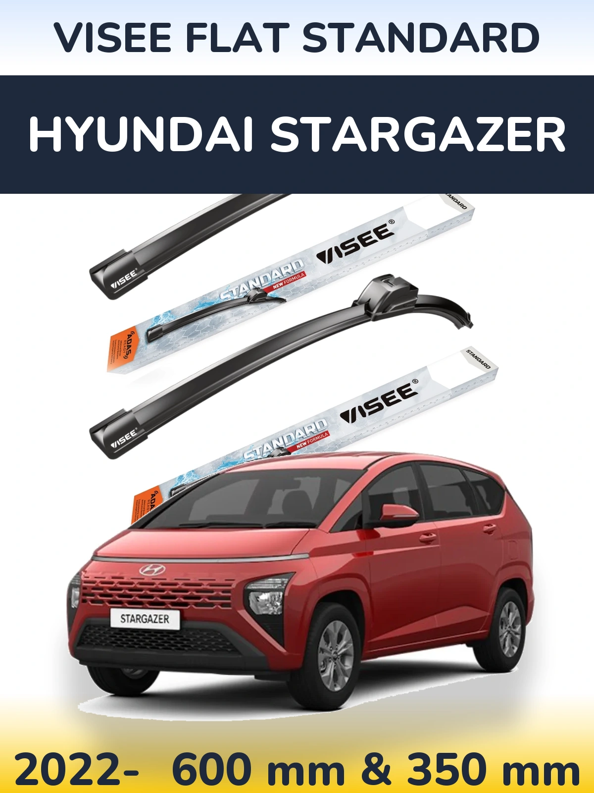 Комплект передніх щіток VISEE FLAT STANDARD 600 & 350 мм для Hyundai Stargazer 2022-2026