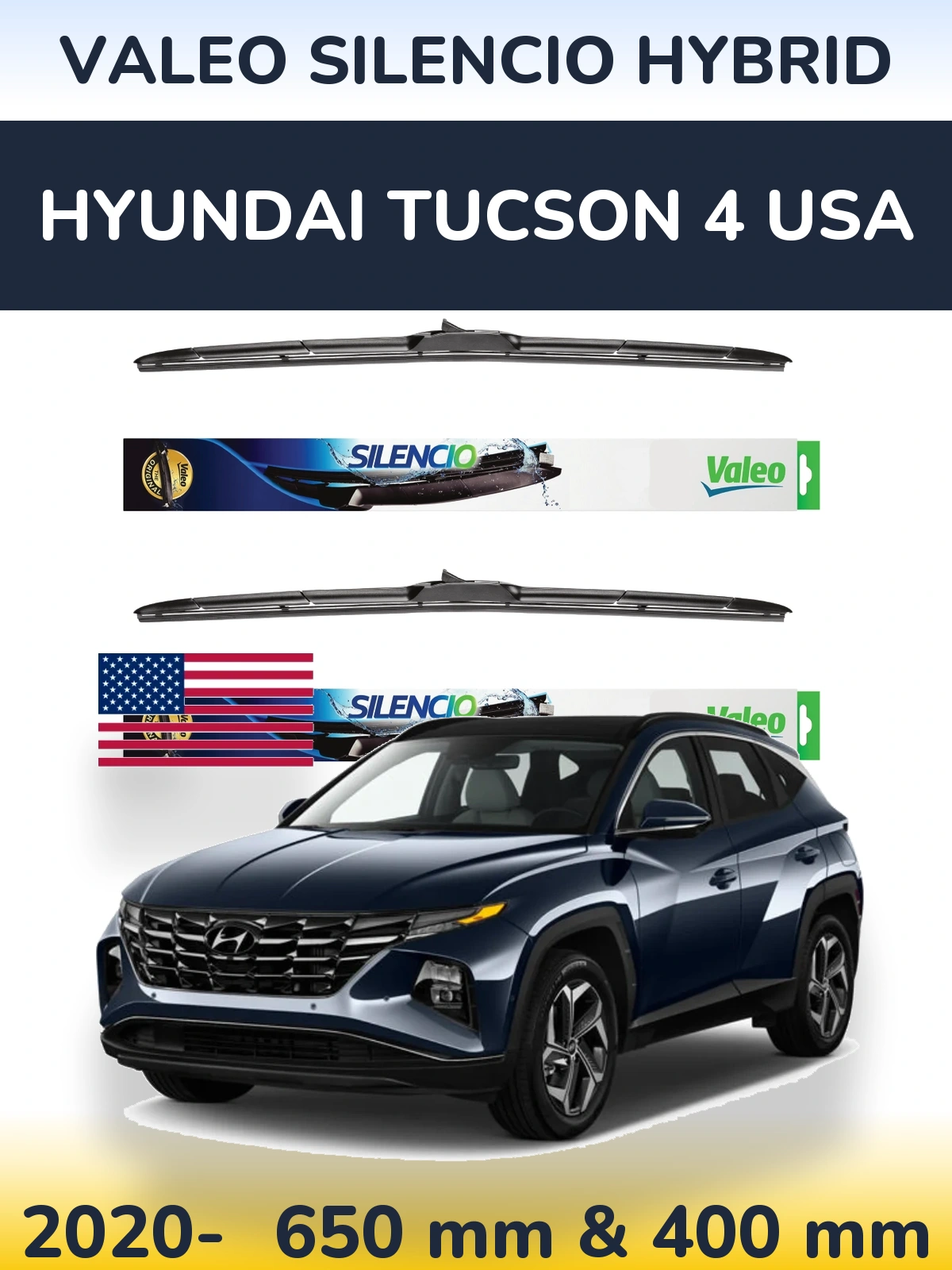 Комплект передніх щіток Valeo Silencio Hybrid 650 & 400 мм для Hyundai Tucson 4 USA 2020-2026