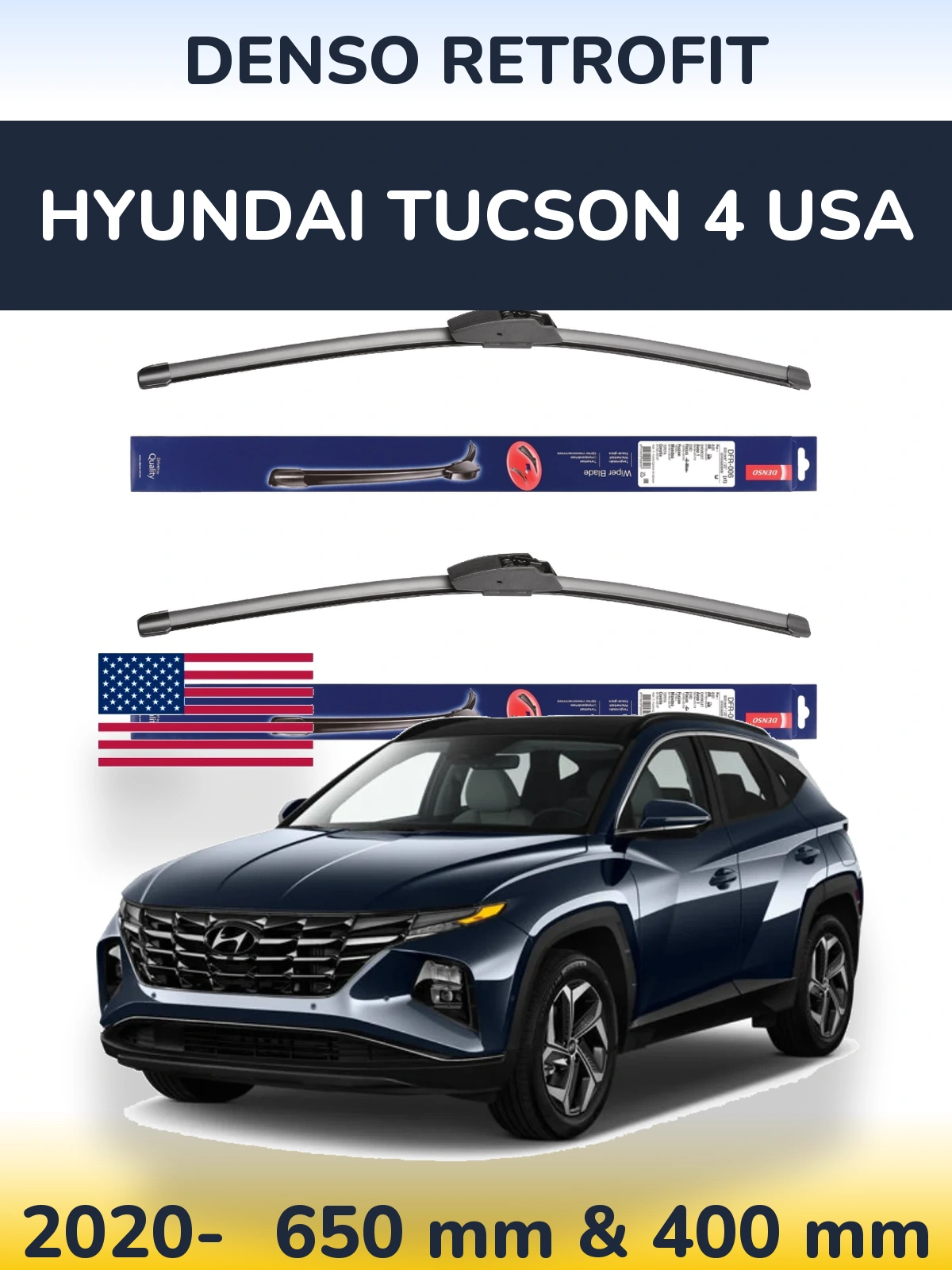 Komplet przednich wycieraczek Denso Retrofit 650 & 400 mm do Hyundai Tucson 4 USA 2020-2026
