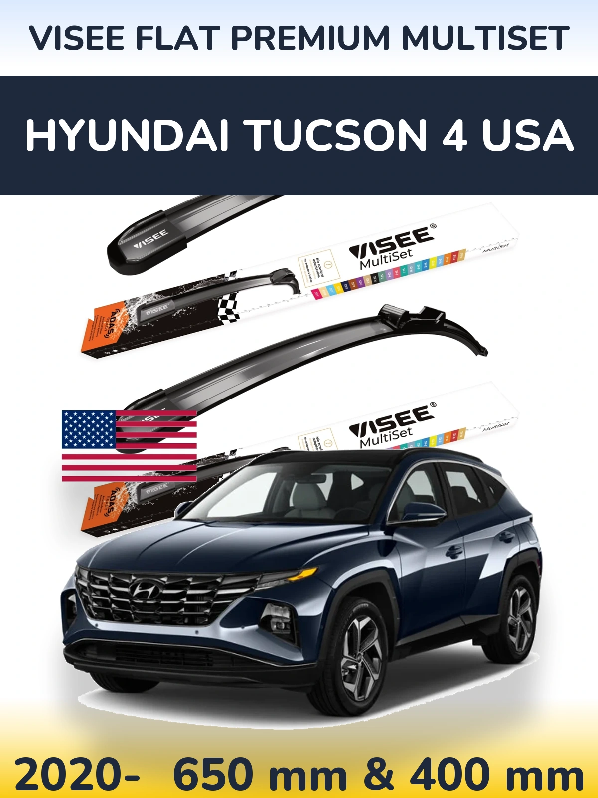 Komplet przednich wycieraczek VISEE FLAT PREMIUM MultiSet 650 & 400 mm do Hyundai Tucson 4 USA 2020-2026