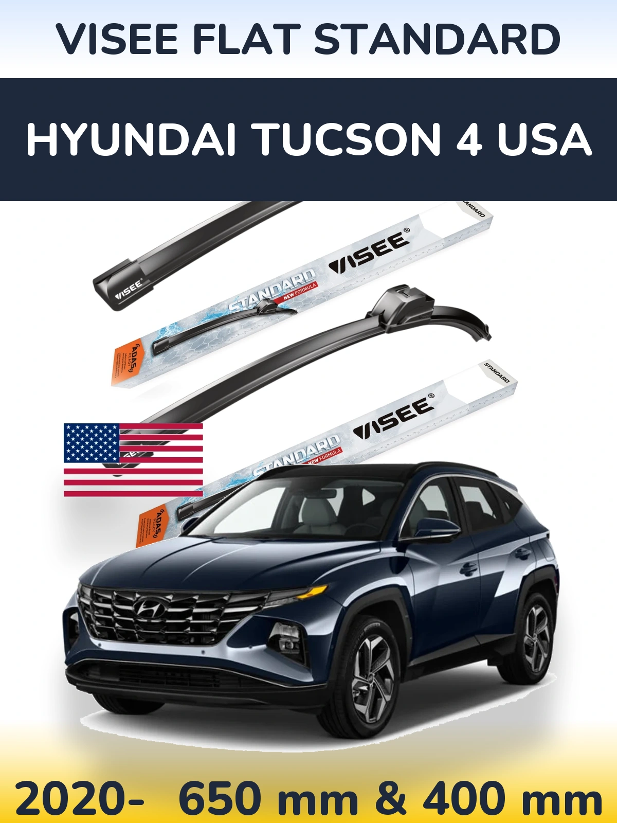 Комплект передніх щіток VISEE FLAT STANDARD 650 & 400 мм для Hyundai Tucson 4 USA 2020-2026